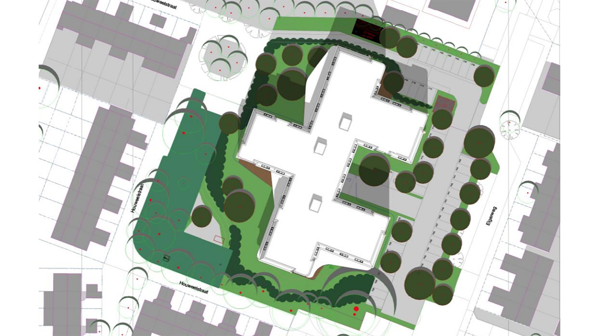 Architectonisch ontwerp van een kruisvormig gebouw omgeven door groen en parkeerplaatsen, gelegen tussen straten.