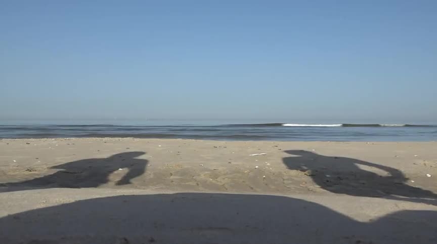 Strand met rustige zee en blauwe lucht, schaduwen van twee mensen op het zand zichtbaar.