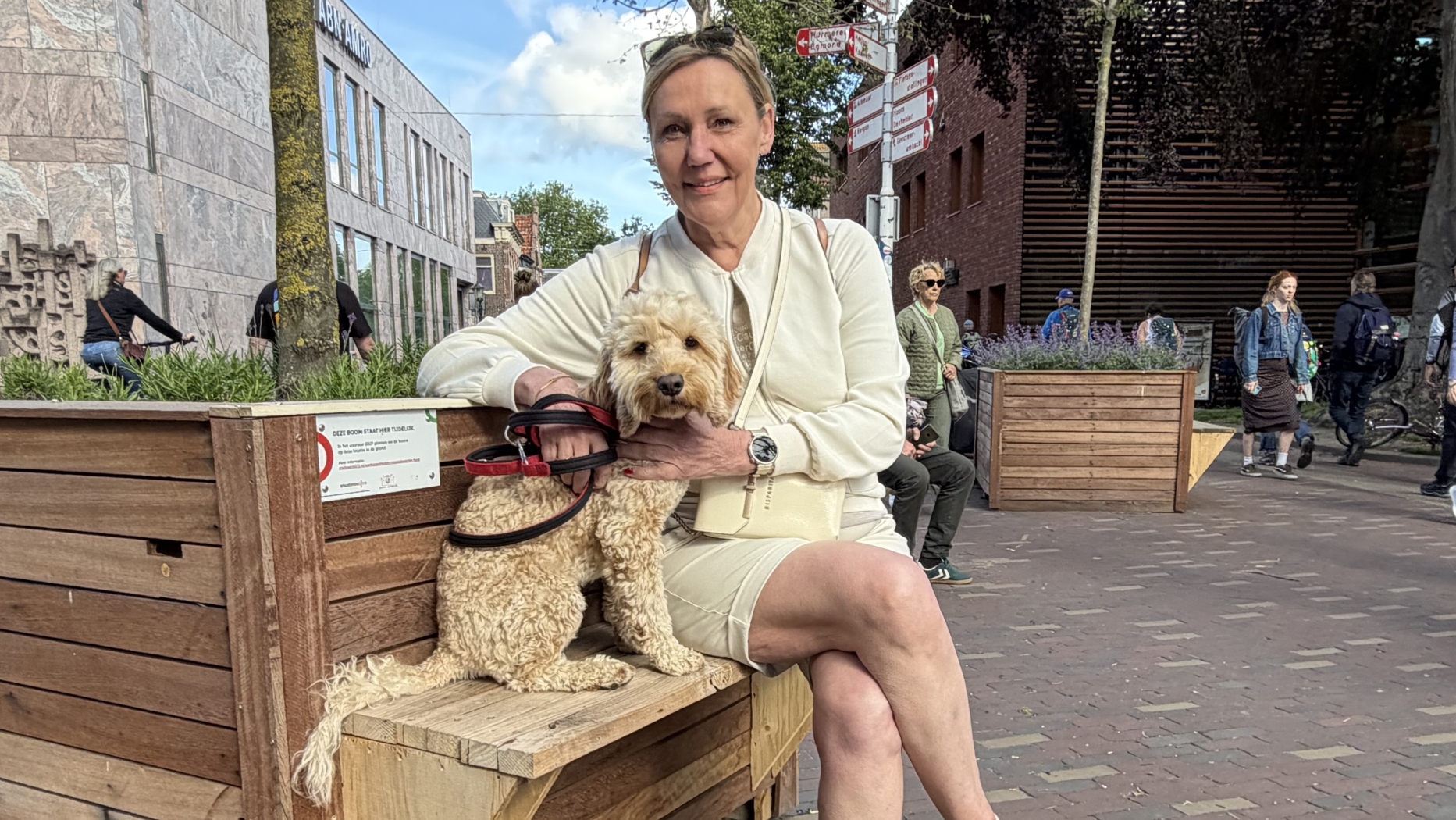 Vrouw in een lichte outfit zit op een houten bank met een gekrulde hond op schoot, in een drukke stedelijke omgeving.