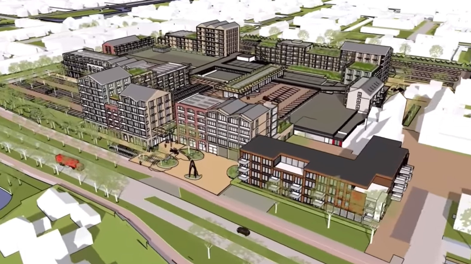 Architectonische 3D-tekening van een stedelijk gebied met moderne gebouwen, parkeerplaatsen en groene ruimtes.