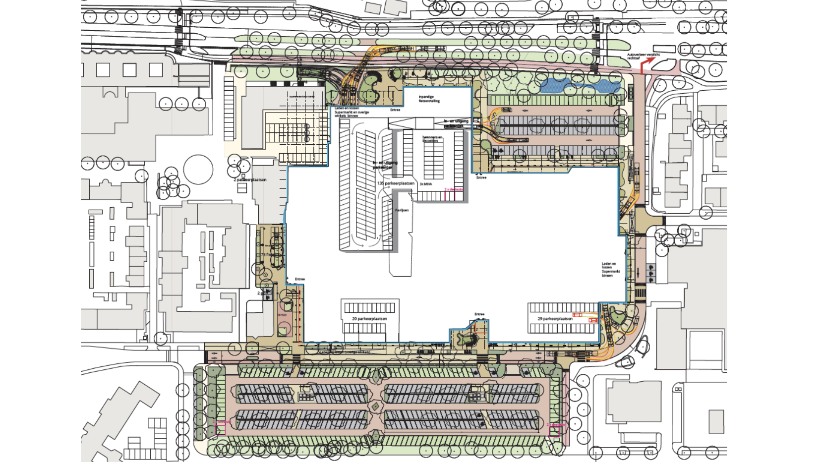 Plattegrond van een gebouwcomplex met omliggende parkeerplaatsen, groenvoorzieningen en meerdere ingangen.