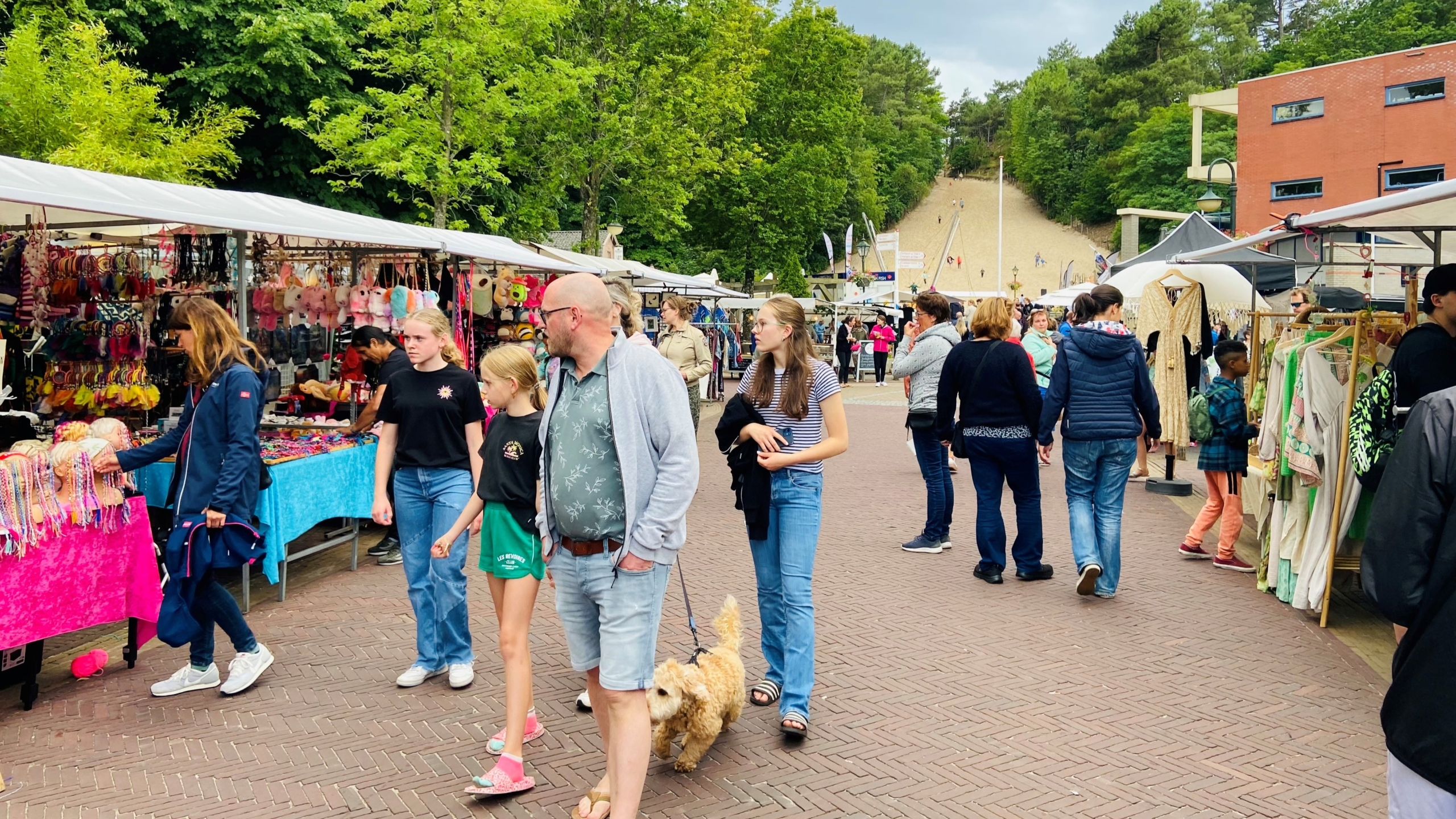 Markt met kraampjes vol kleurrijke accessoires en kleding, omringd door mensen, een man met een hond, en een groene, bosrijke omgeving.
