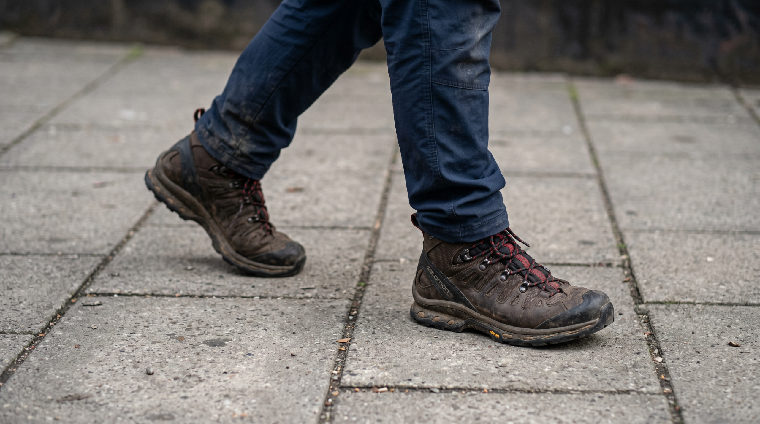 Een persoon loopt over een trottoir, dragend bruine wandelschoenen en donkerblauwe broek.