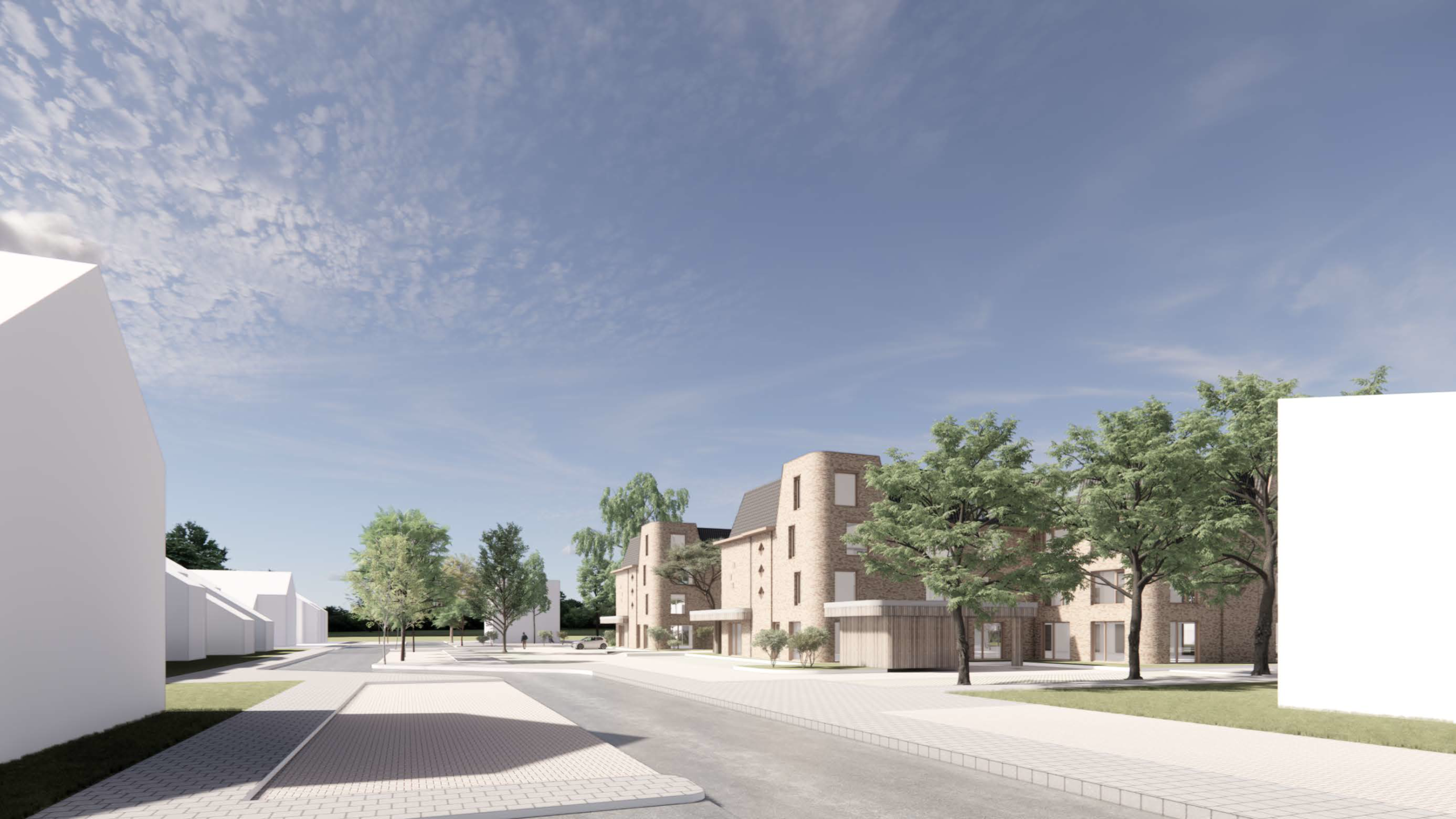 Een moderne straat met witte gebouwen en een bakstenen gebouw omringd door bomen onder een blauwe lucht.