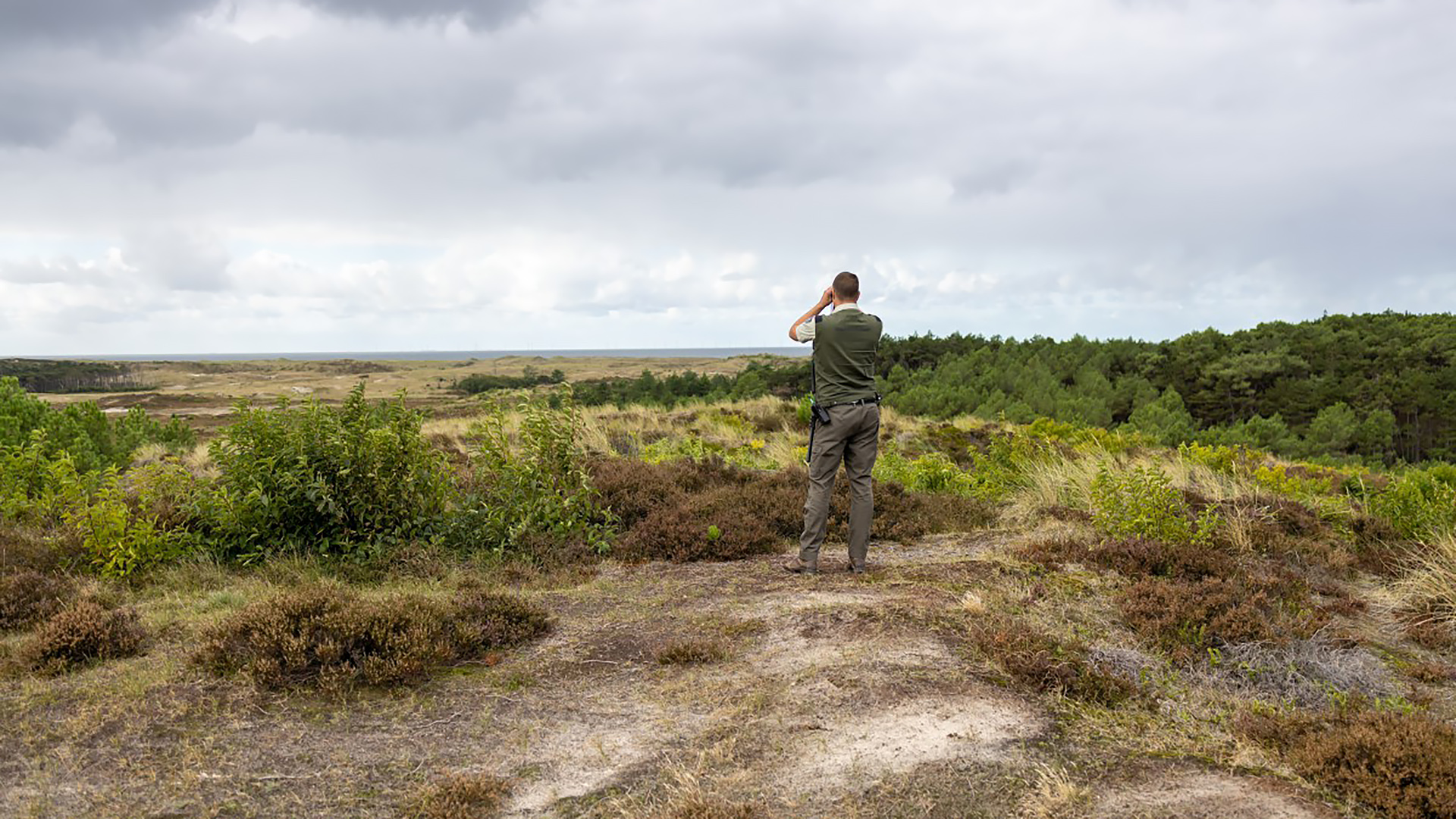 Man met verrekijker kijkt uit over duinen en bosrand naar de zee onder een bewolkte lucht