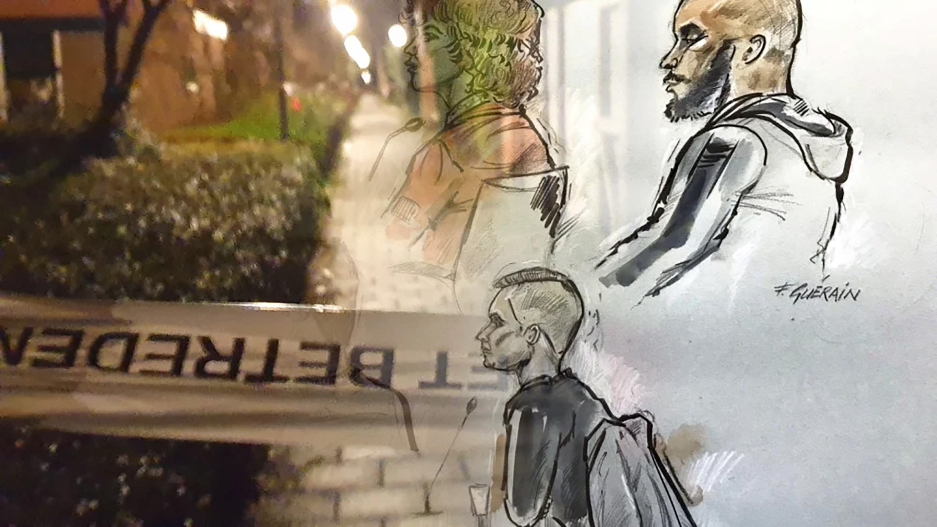 Geschetste portretten van mensen overlappen een nachtelijke straat met politielint op de voorgrond.
