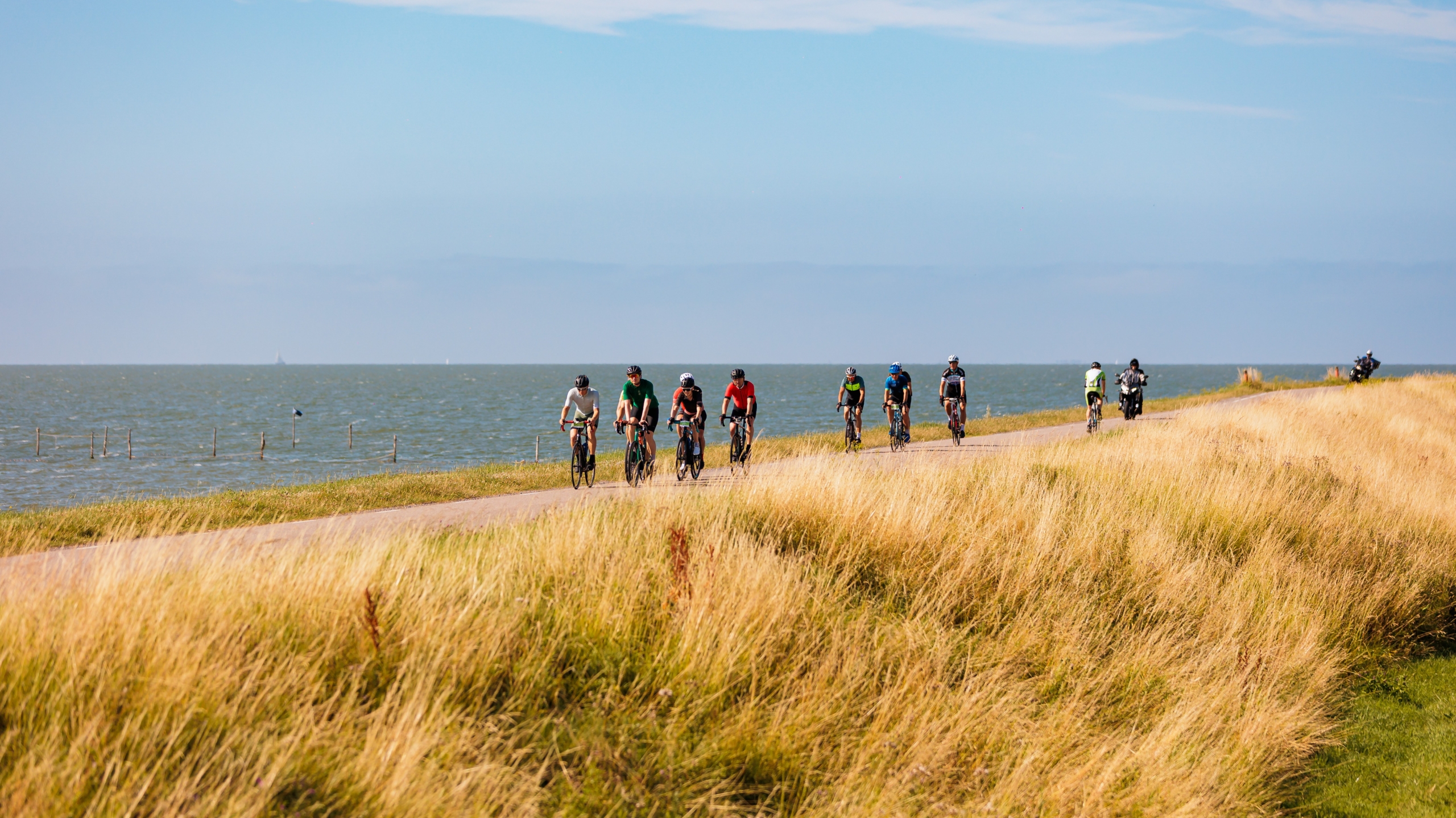 Groep wielrenners fietst over een dijkpad langs zee, met hoog duingras en een blauwe lucht