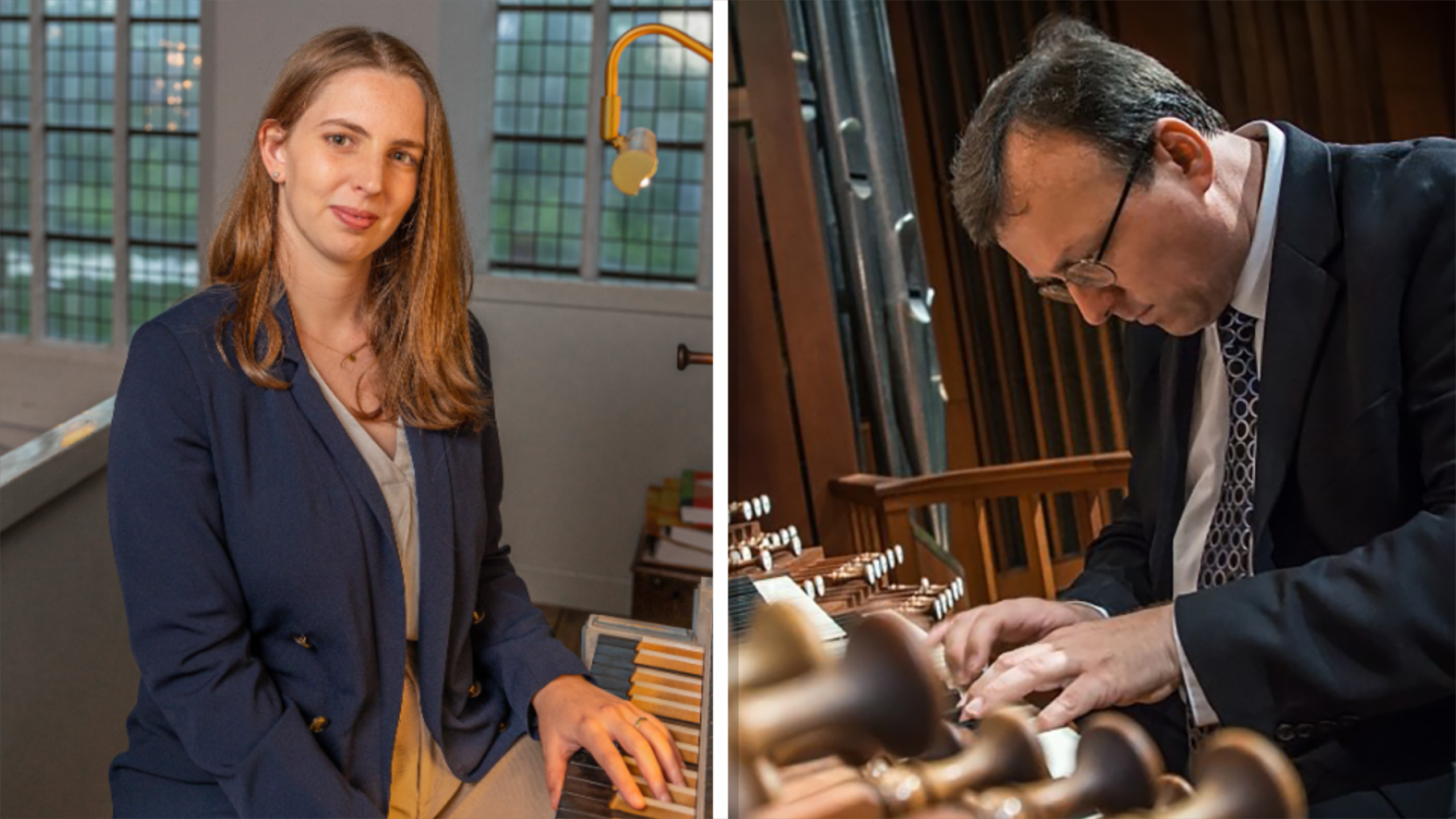 Twee musici: vrouw bij een orgel in een lichte ruimte en man in pak die geconcentreerd orgel speelt in een kerk