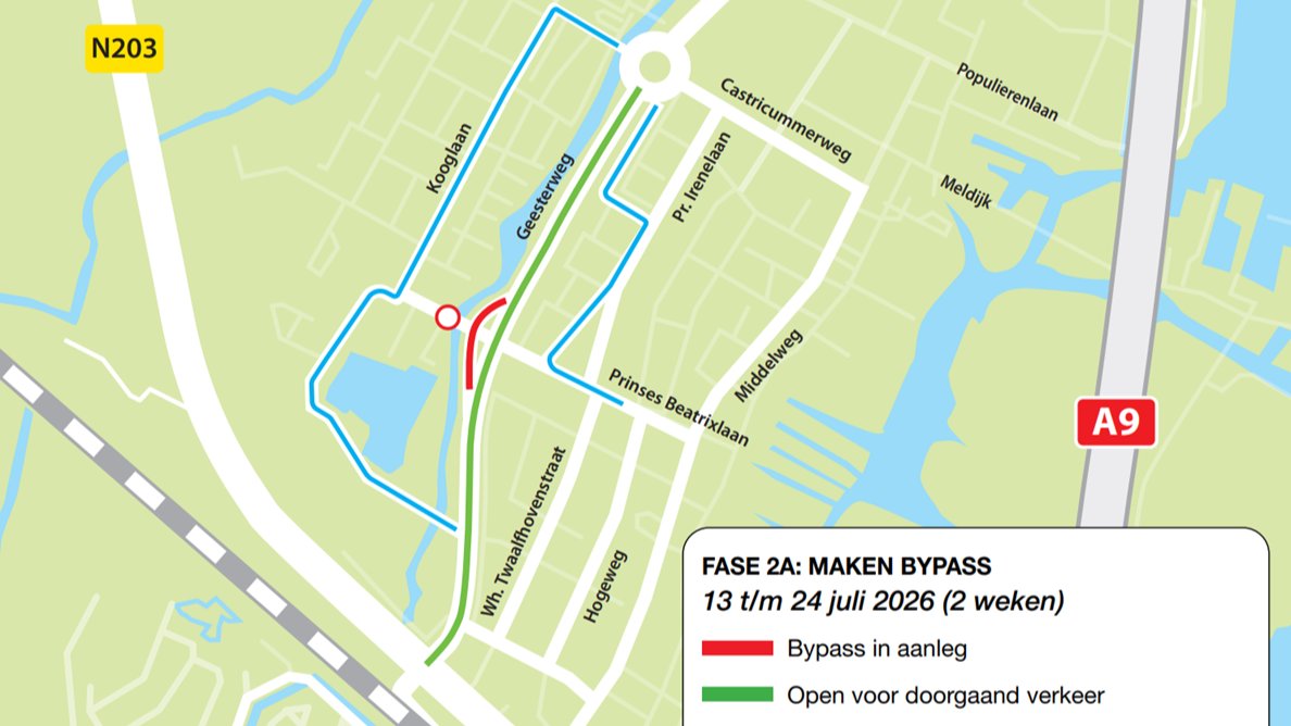 Kaart van een bypass in aanleg tussen 13 en 24 juli 2026, met in rood de bypass en groene lijnen voor doorgaand verkeer.
