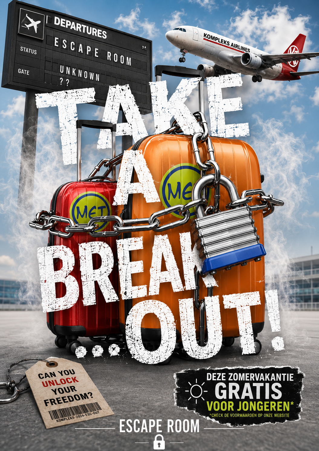 Twee koffers met ketting en hangslot, met tekst Take a break out! en advertentie voor escape room en gratis zomeractie voor jongeren