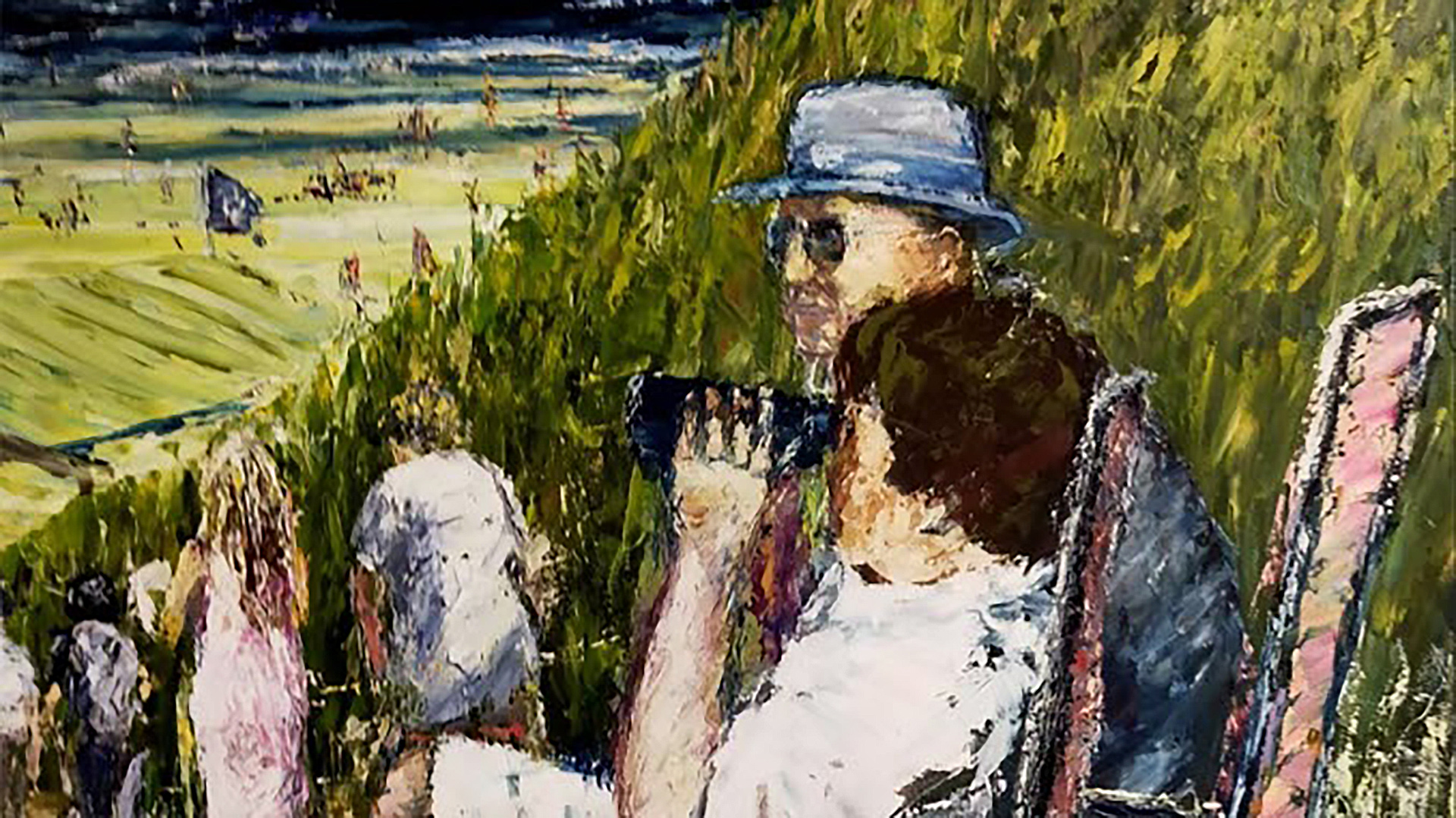 Schilderij van een man met hoed en zonnebril in een strandstoel, met op de achtergrond een golfbaan en bomen