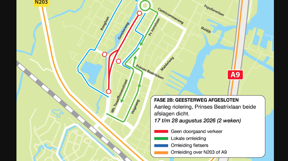 Kaart met omleidingen bij afsluiting Geesterweg (fase 2B) 17 t/m 28 augustus 2026, met routes voor auto en fiets