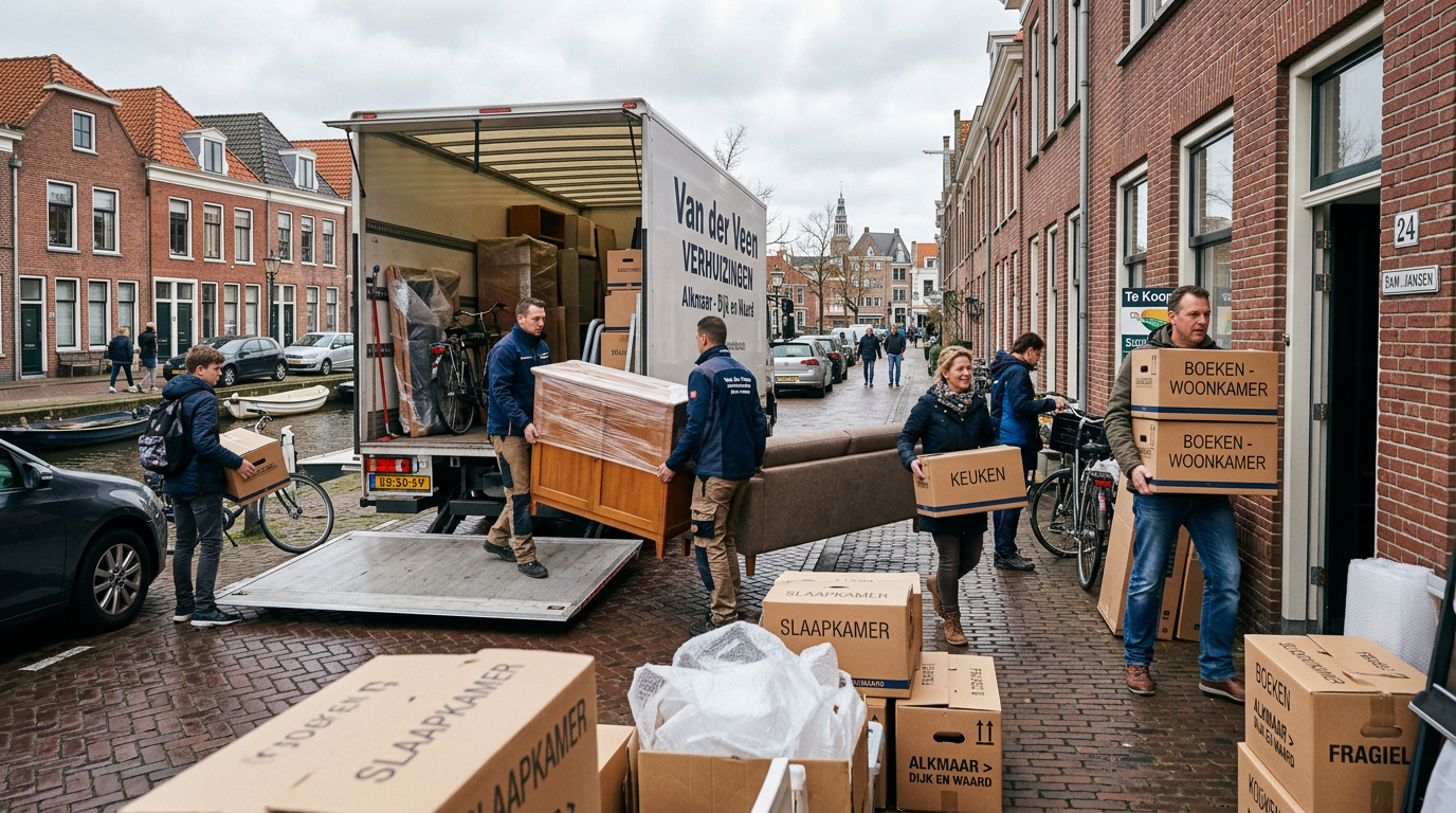 Verhuizers laden dozen en meubels in een verhuiswagen in een straat langs de gracht, met dozen gelabeld keuken en slaapkamer