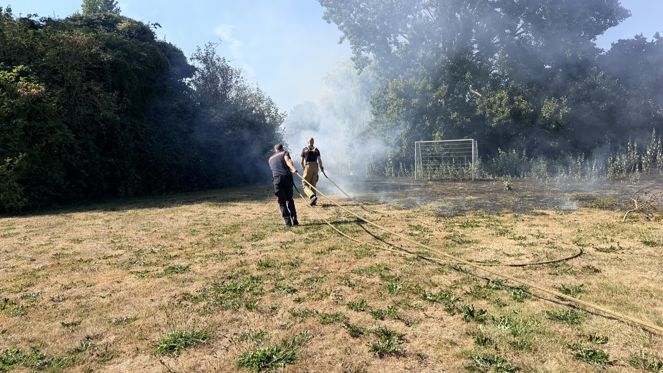 Twee brandweerlieden lopen met slangen over een droog grasveld met rook van een bermbrand, met bomen op de achtergrond
