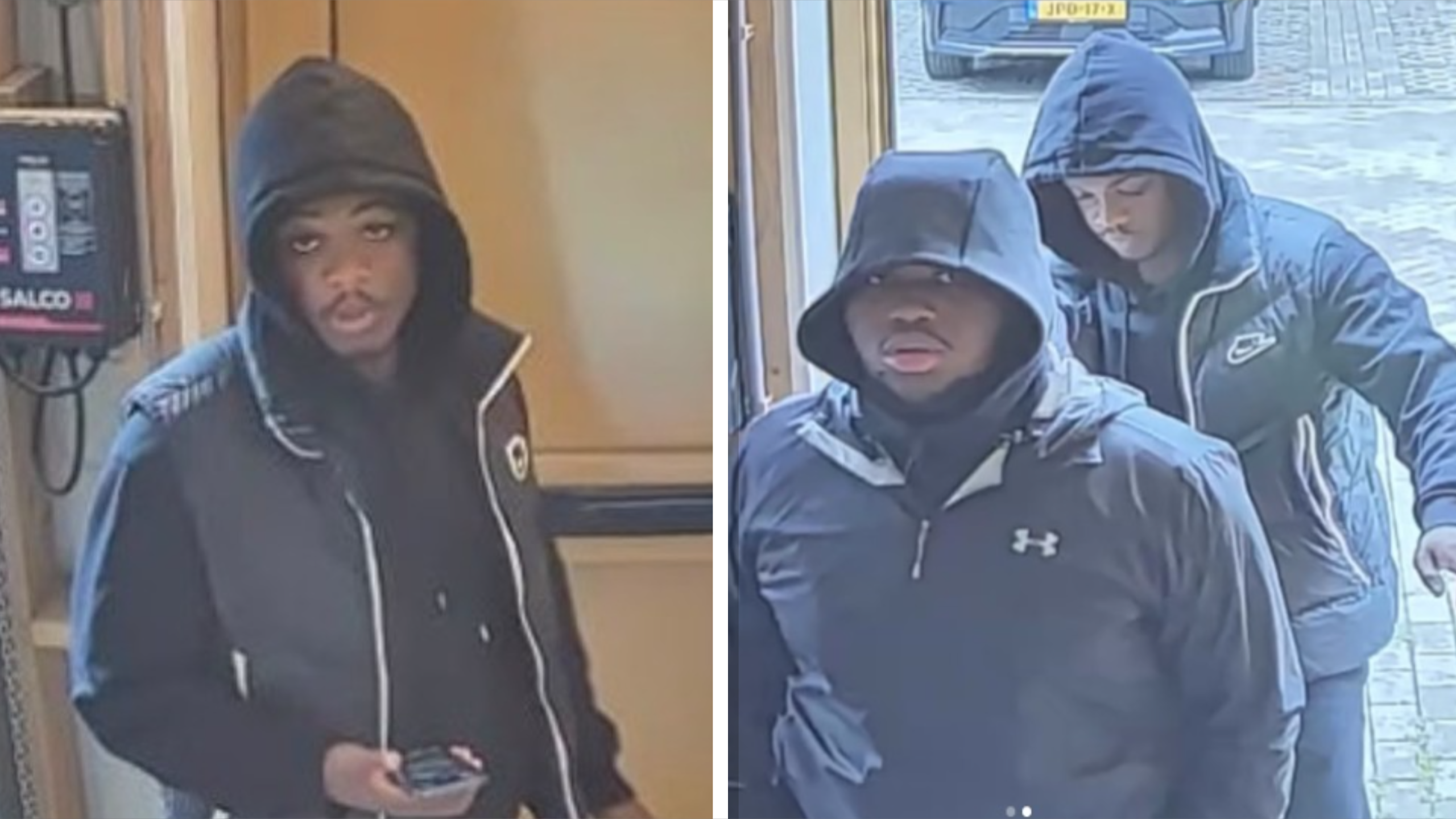 Camerabeelden van twee mannen met capuchons in donkere jassen bij een ingang; een houdt een telefoon vast