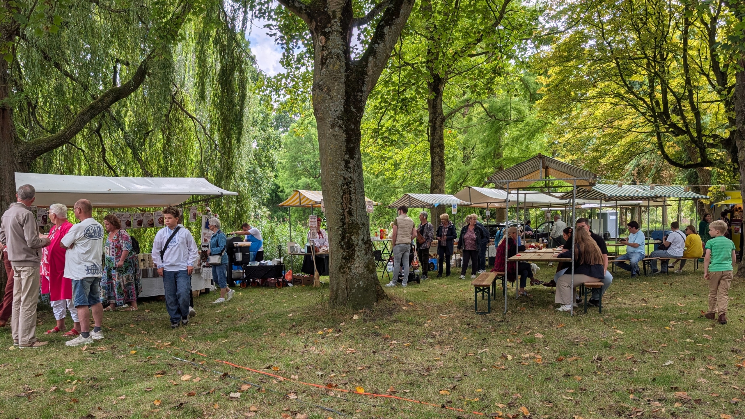 Drukke openluchtmarkt in een park met kraampjes onder luifels en mensen die rondlopen en aan picknicktafels zitten