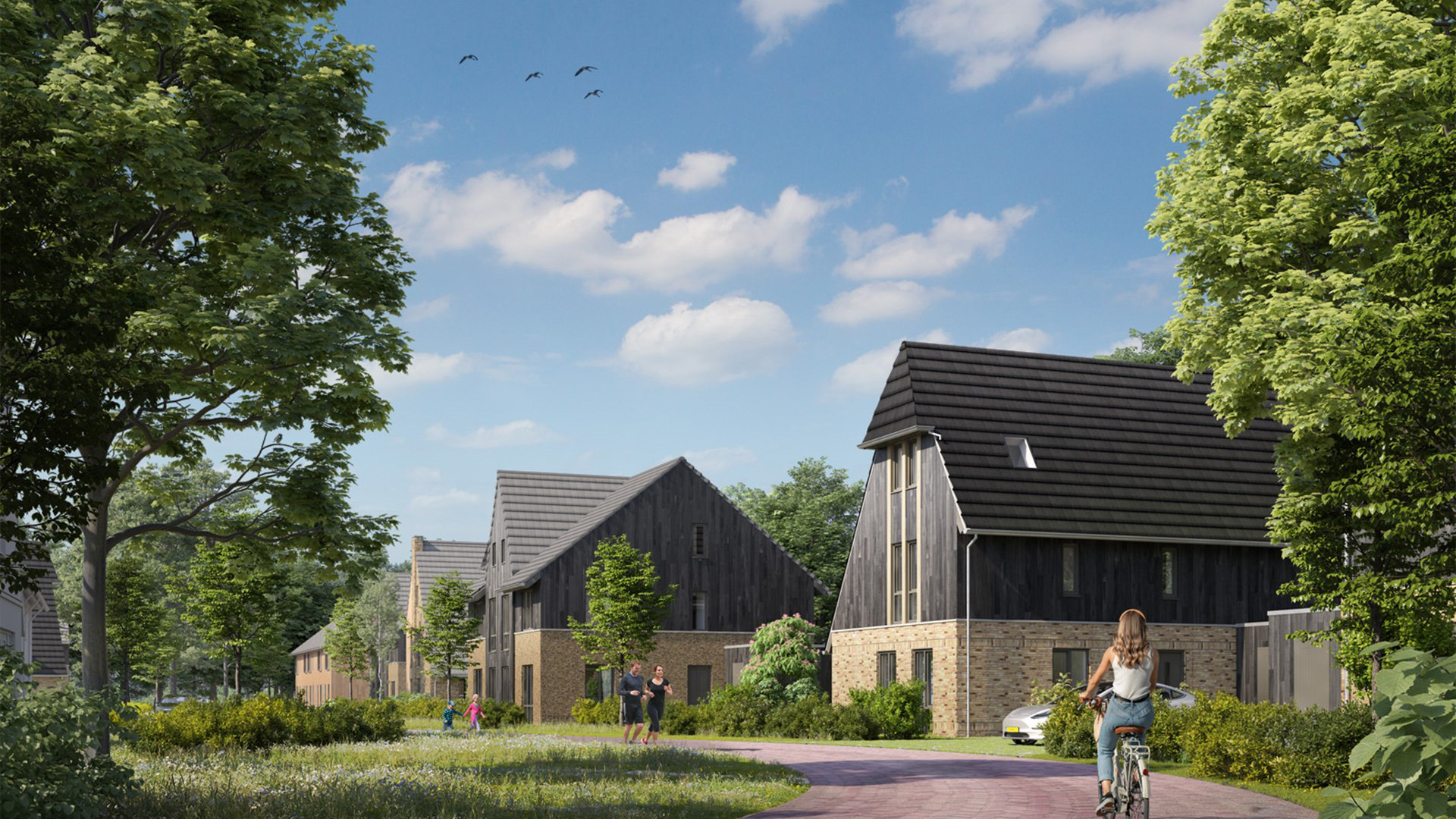Groene woonwijk met moderne huizen, wandelende mensen en een vrouw op de fiets op een kronkelend pad