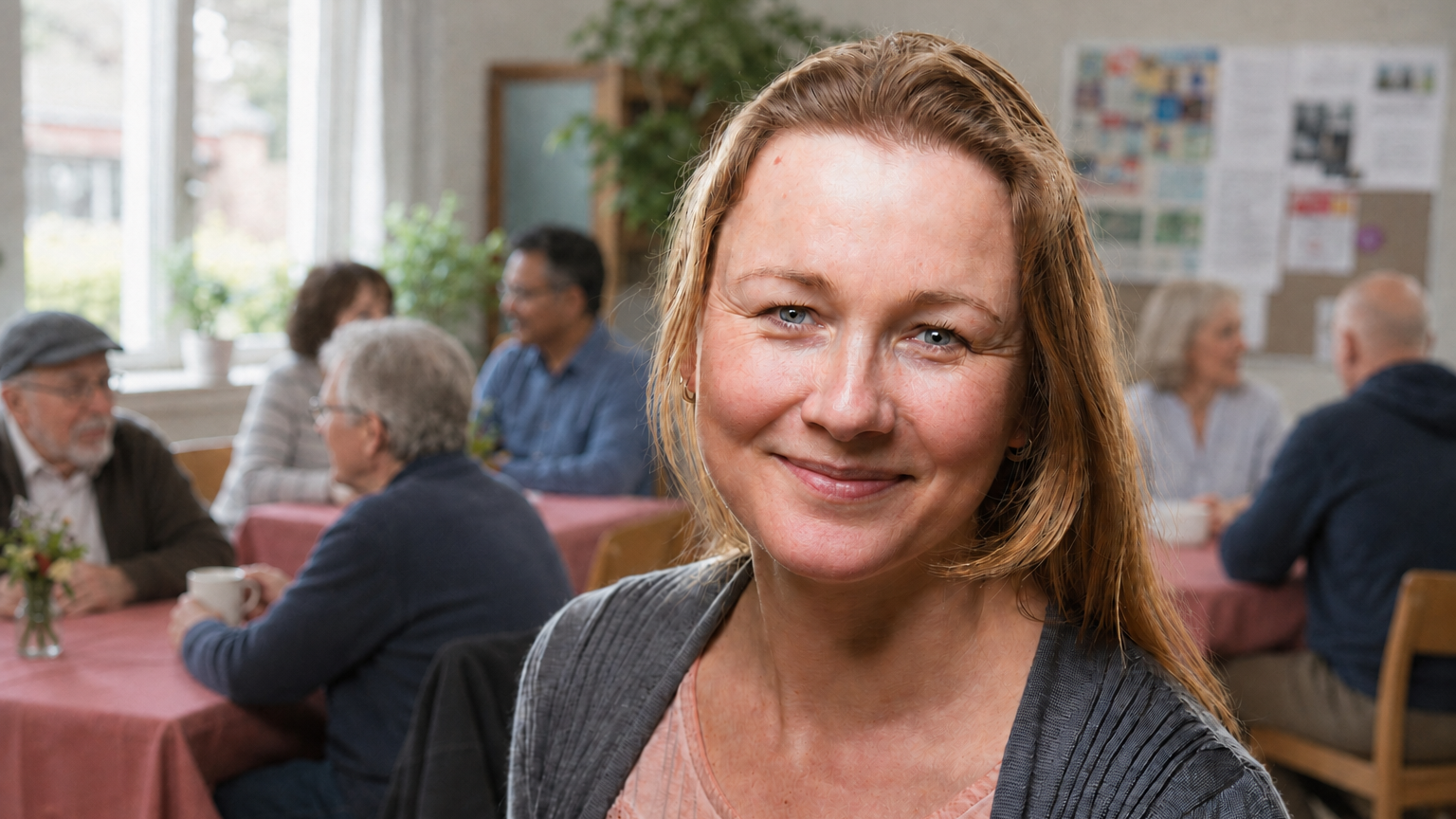 Portret van een glimlachende vrouw in een buurthuis, met ouderen die aan tafels praten op de achtergrond