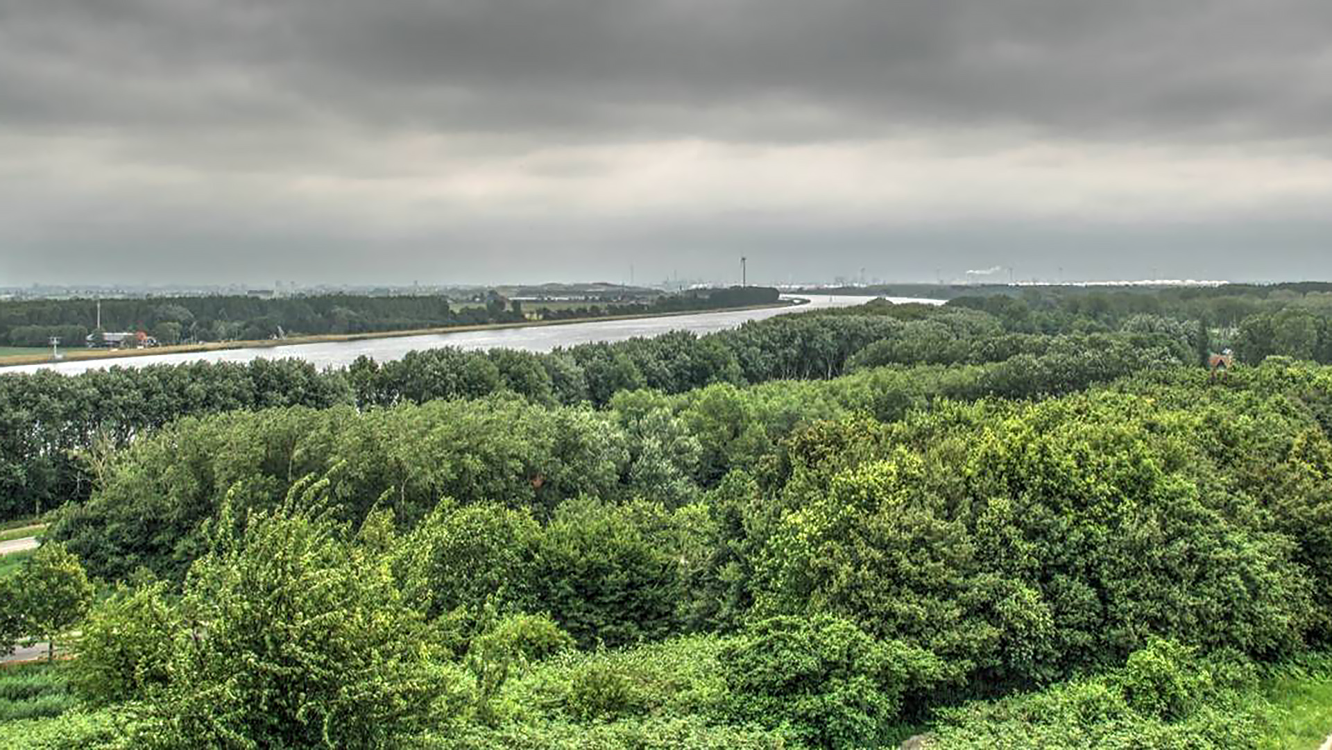 Panoramisch uitzicht op een brede rivier die door een groen boslandschap slingert onder een bewolkte hemel