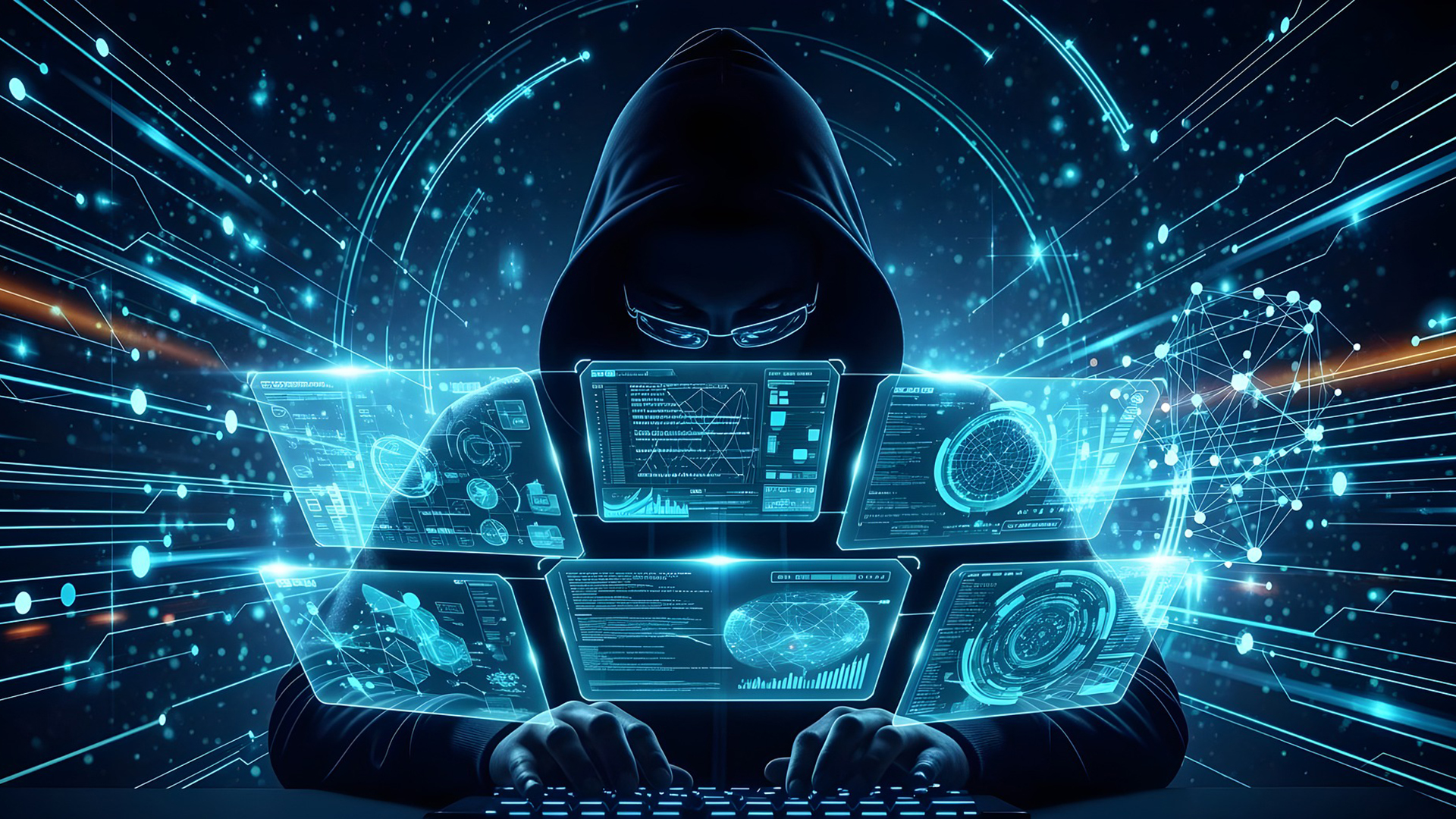 Gemaskerde hacker in hoodie achter toetsenbord met zwevende digitale dashboards en netwerkverbindingen in blauwe gloed