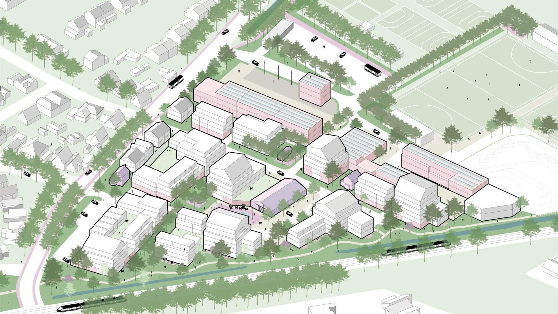 Isometrische masterplanillustratie van campus met meerdere gebouwen, wegen, bomen, sportvelden en water langs de rand