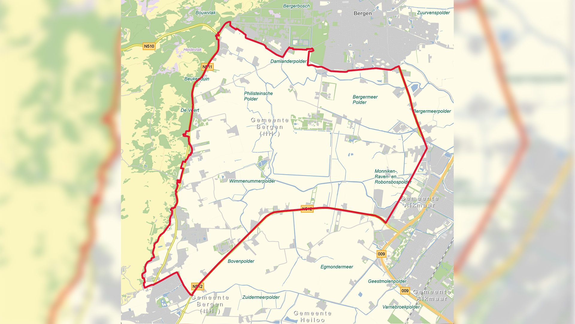 Kaart van gemeente Bergen (NH) met de gemeentegrens in rood en omliggende plaatsen zoals Bergen en Alkmaar