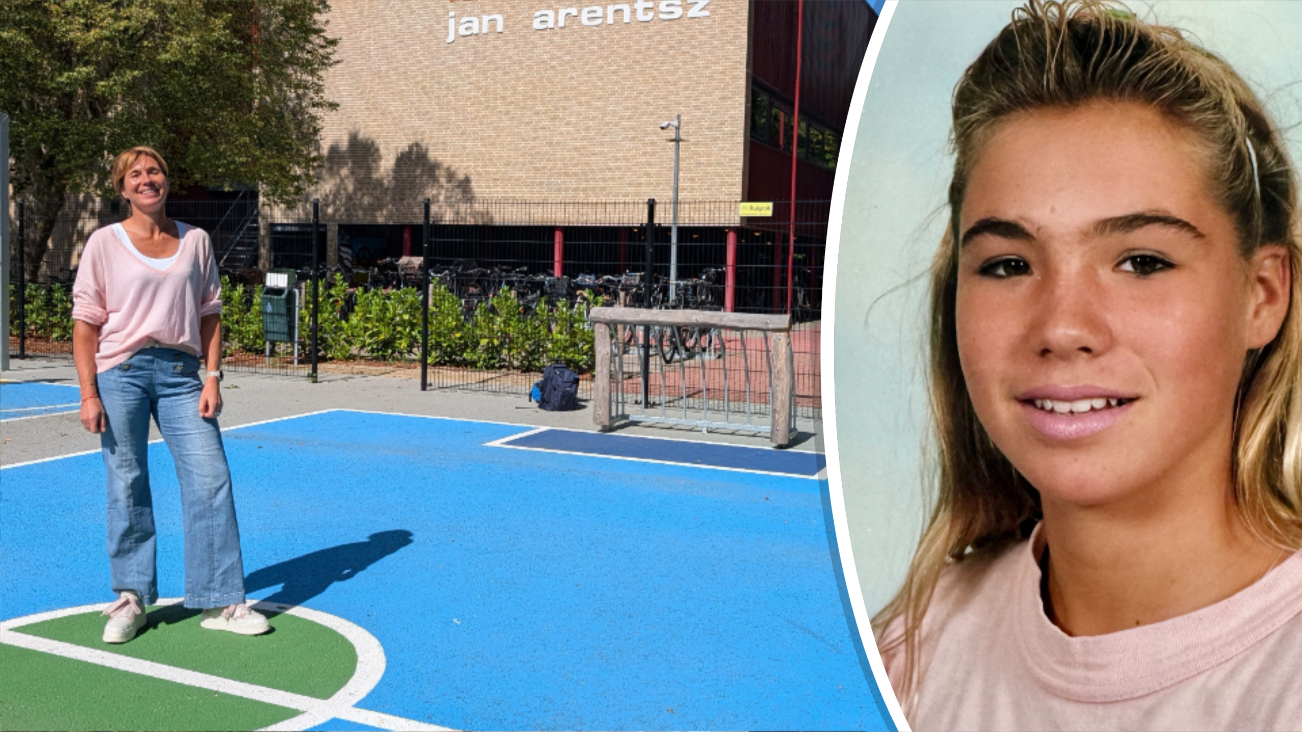 Vrouw op een blauw sportveld voor gebouw met tekst Jan Arentsz, naast een grote portretfoto van haar gezicht
