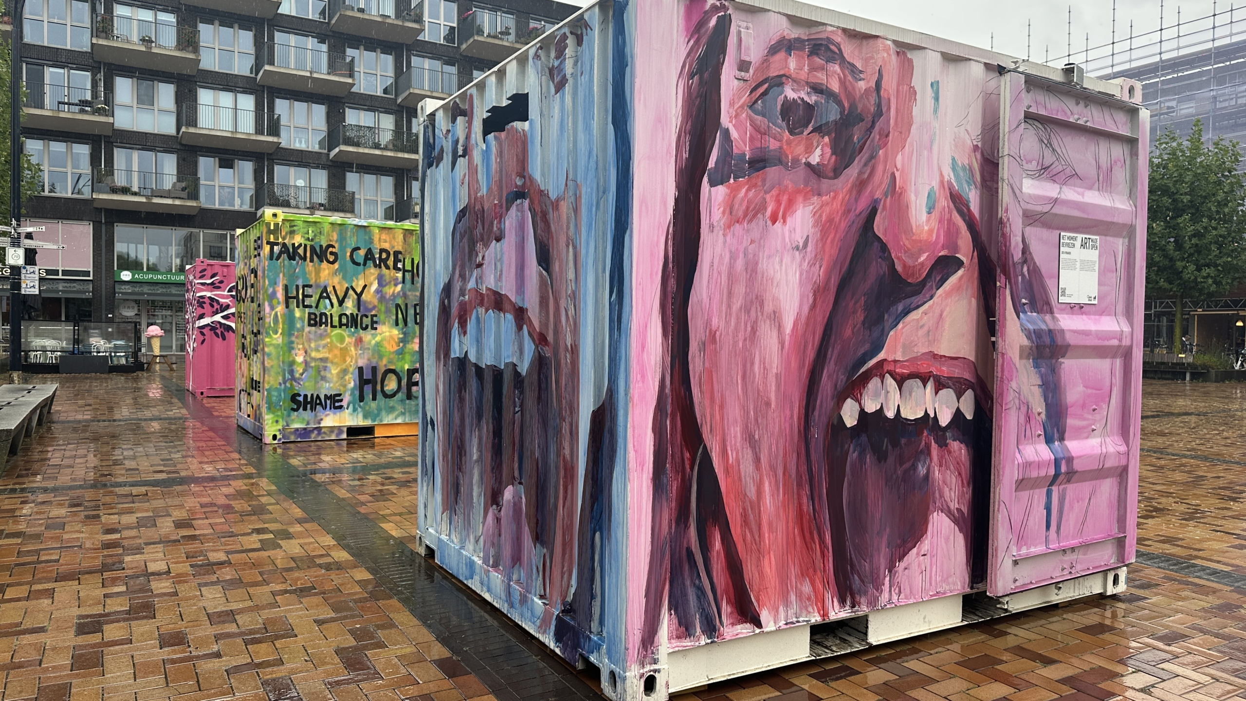 Containers op nat plein, met grote roze muurschildering van een schreeuwend gezicht en tekst “TAKING CARE HEAVY BALANCE”