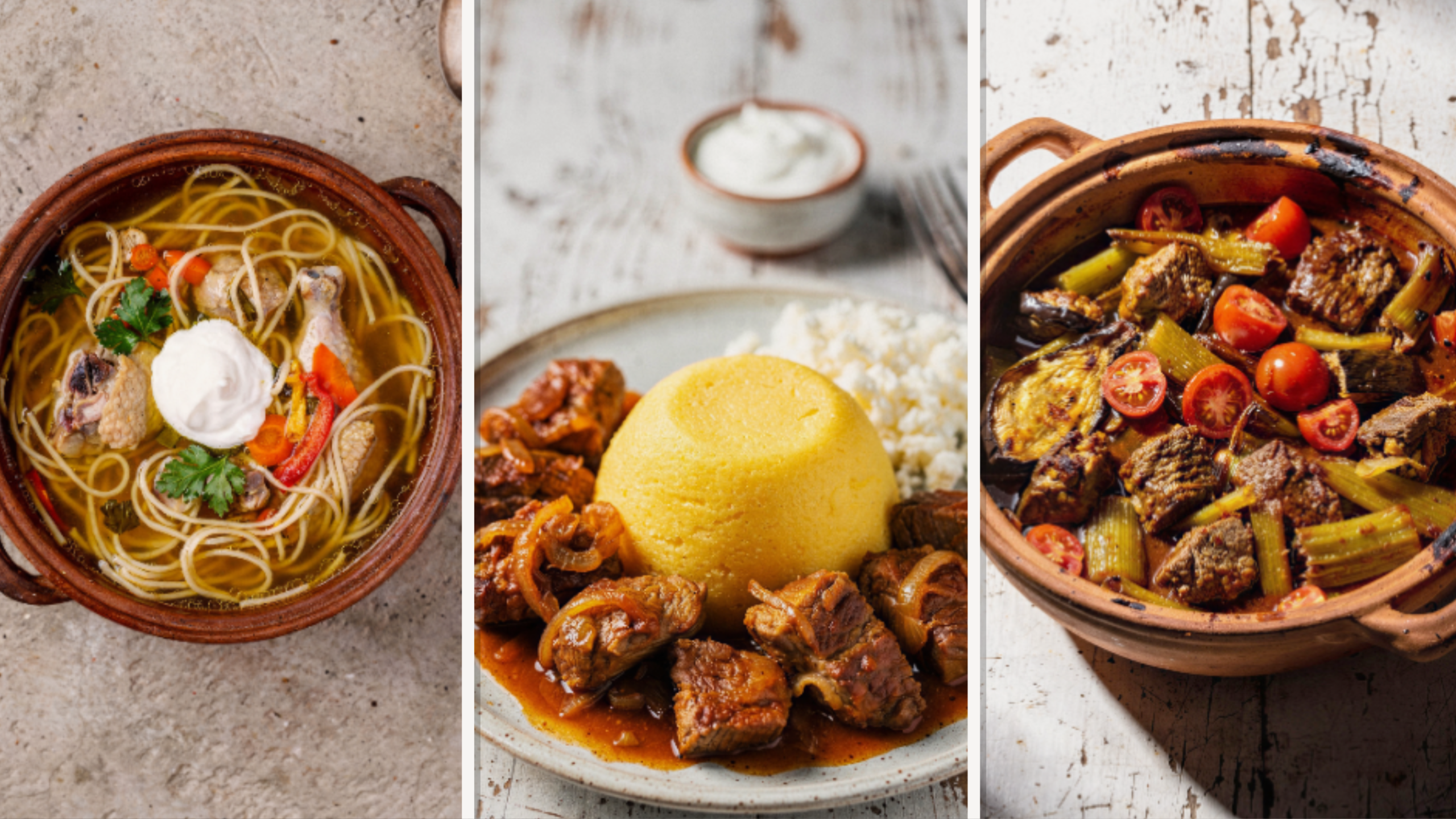 Drieluik met gerechten: noedelsoep met kip en kruiden, stoofvlees met polenta en rijst, en stoofpot met groente en tomaatjes