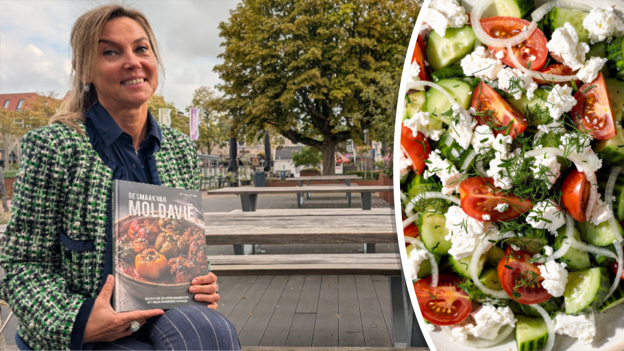 Vrouw zit buiten met kookboek De smaak van Moldavië; naast haar een close-up van salade met komkommer, tomaat en feta