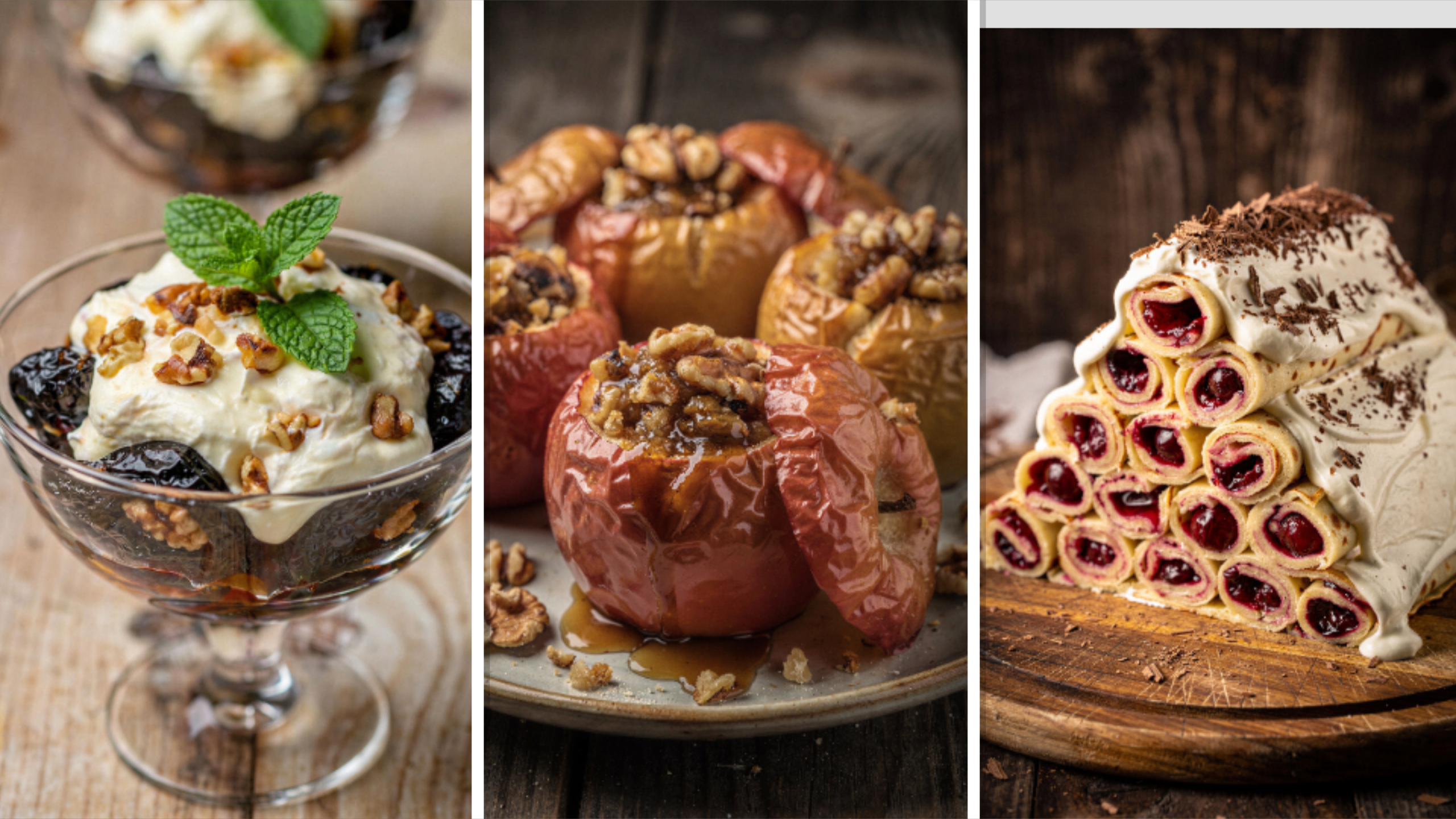 Drieluik met desserts: room met pruimen en noten, gebakken appels met walnoten en siroop, en pannenkoekrolletjes met kersenvulling