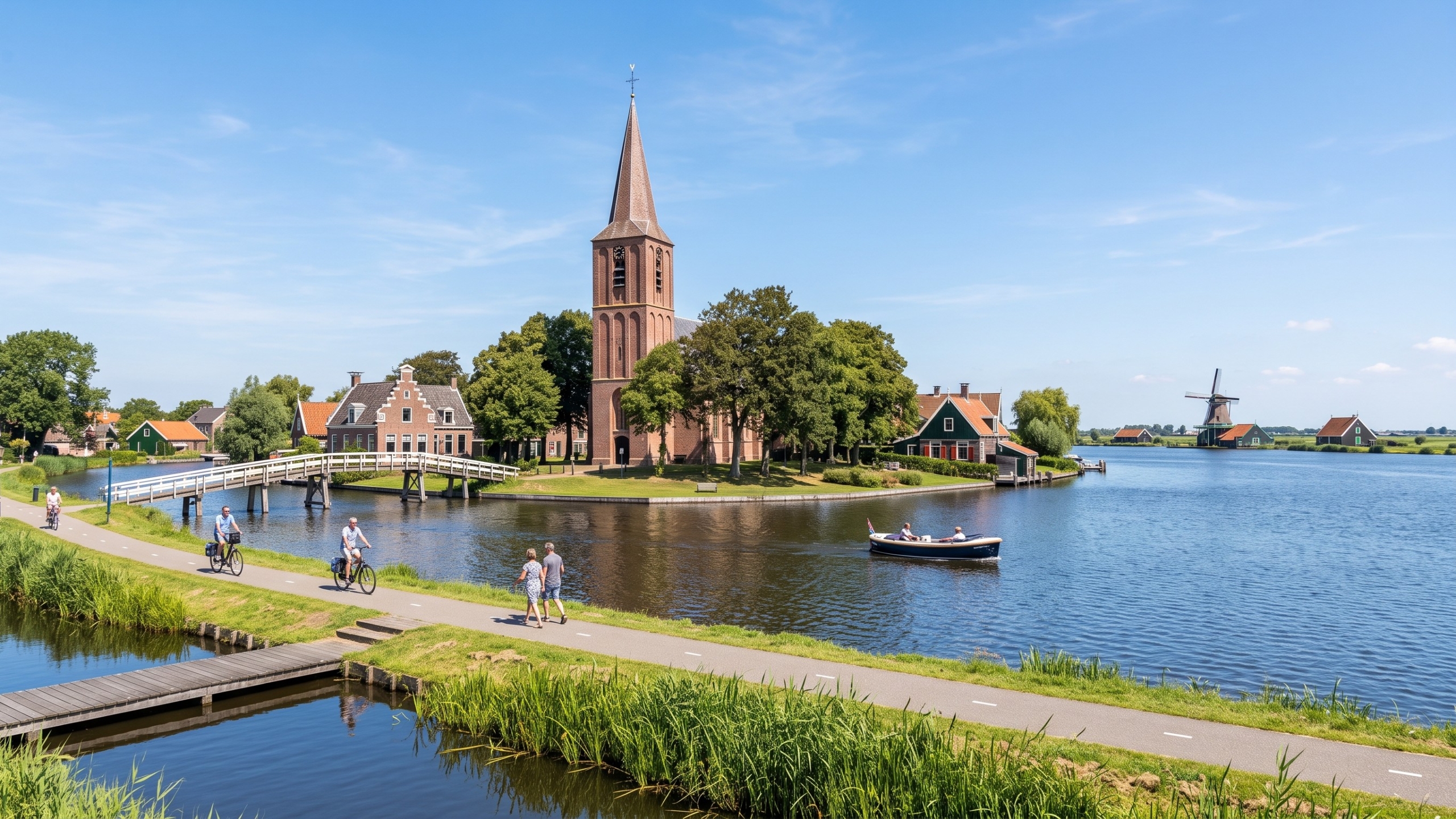 Kerk met hoge toren aan het water in een dorp, met brug, fietsers en bootje; molen op de achtergrond