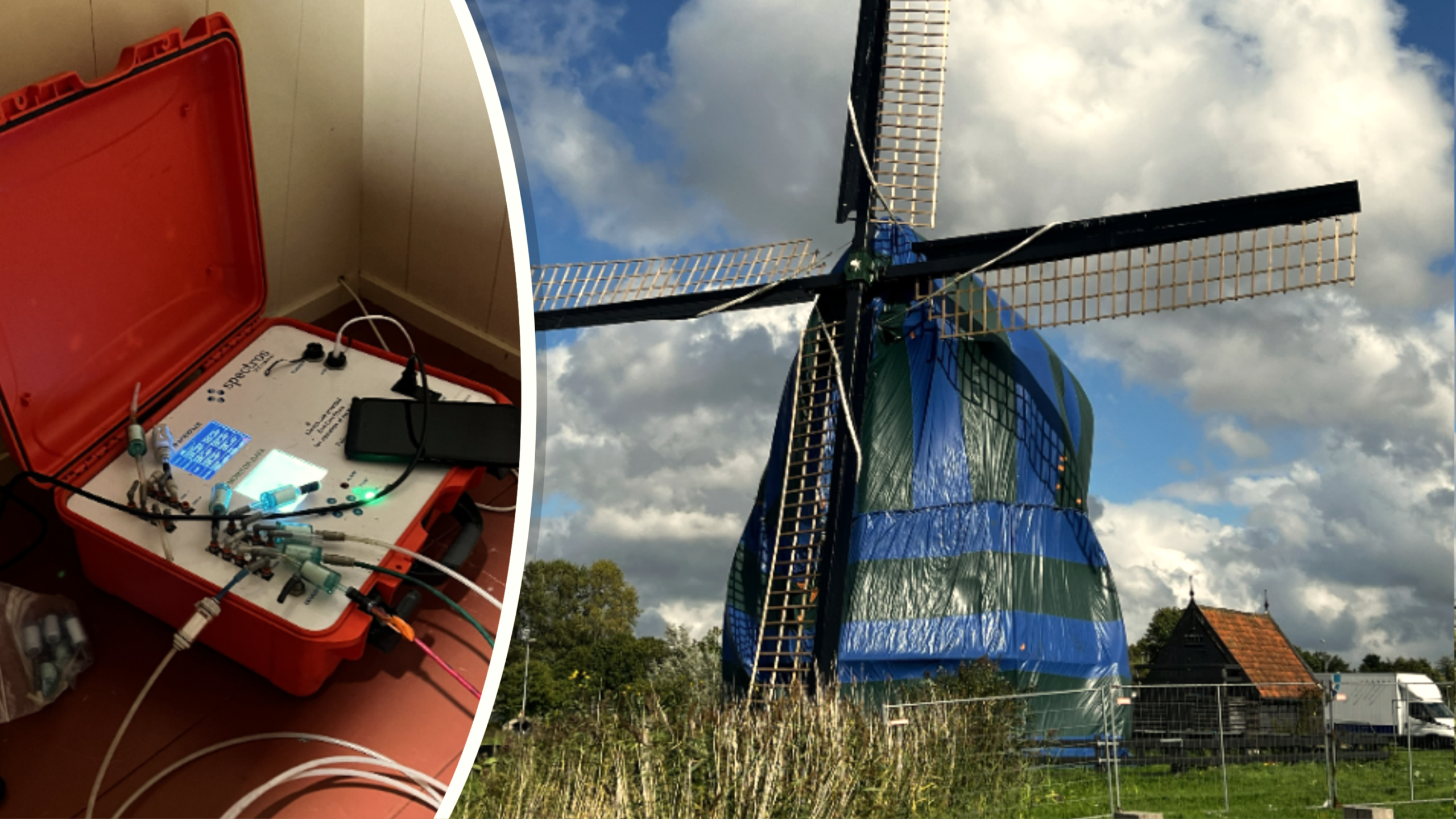 Collage van meetapparatuur in een rode koffer en een met blauwgroen zeil ingepakte windmolen onder een bewolkte lucht