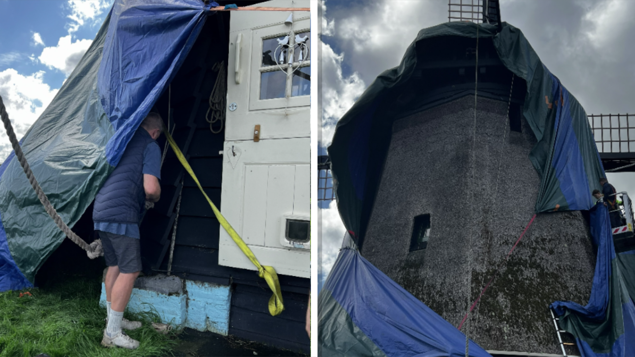 Man bevestigt een zeil aan een molen; rechts is de met zeilen afgedekte molenkap met wieken tegen bewolkte lucht