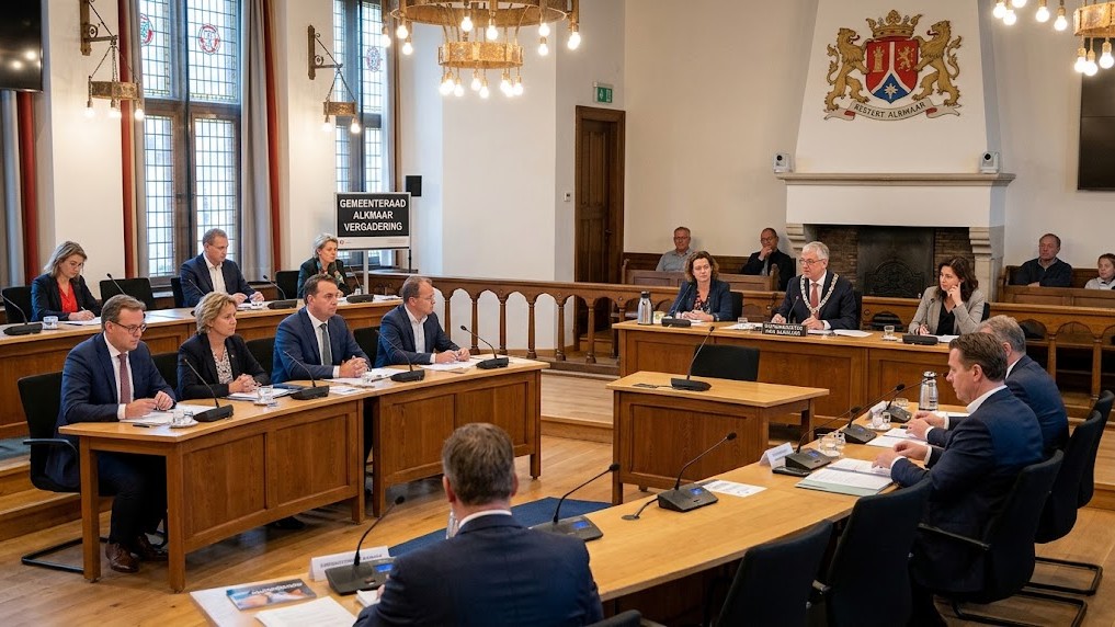 Vergadering van de gemeenteraad in raadszaal Alkmaar, met raadsleden aan houten tafels en het stadswapen aan de muur