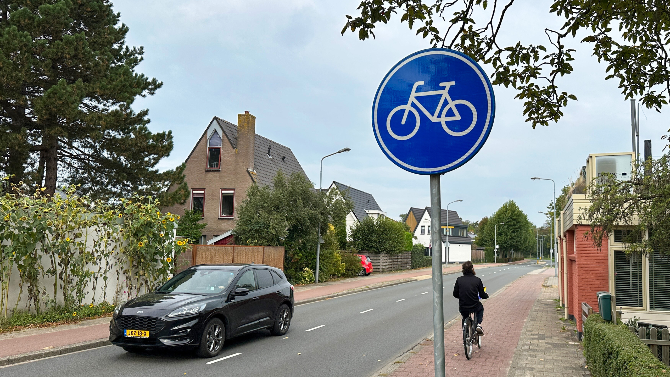 Blauw rond verkeersbord met fiets-symbool langs een straat, met fietser op het fietspad en huizen op de achtergrond