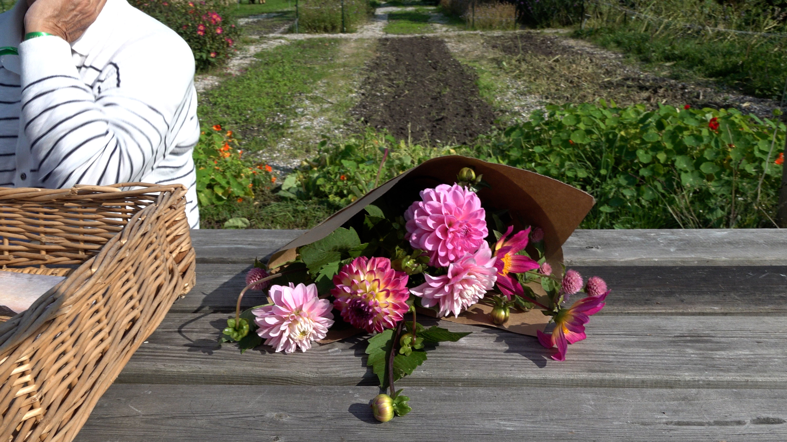 Boeket met roze dahlia’s en andere bloemen op een houten picknicktafel in een tuin, met een rieten mand ernaast