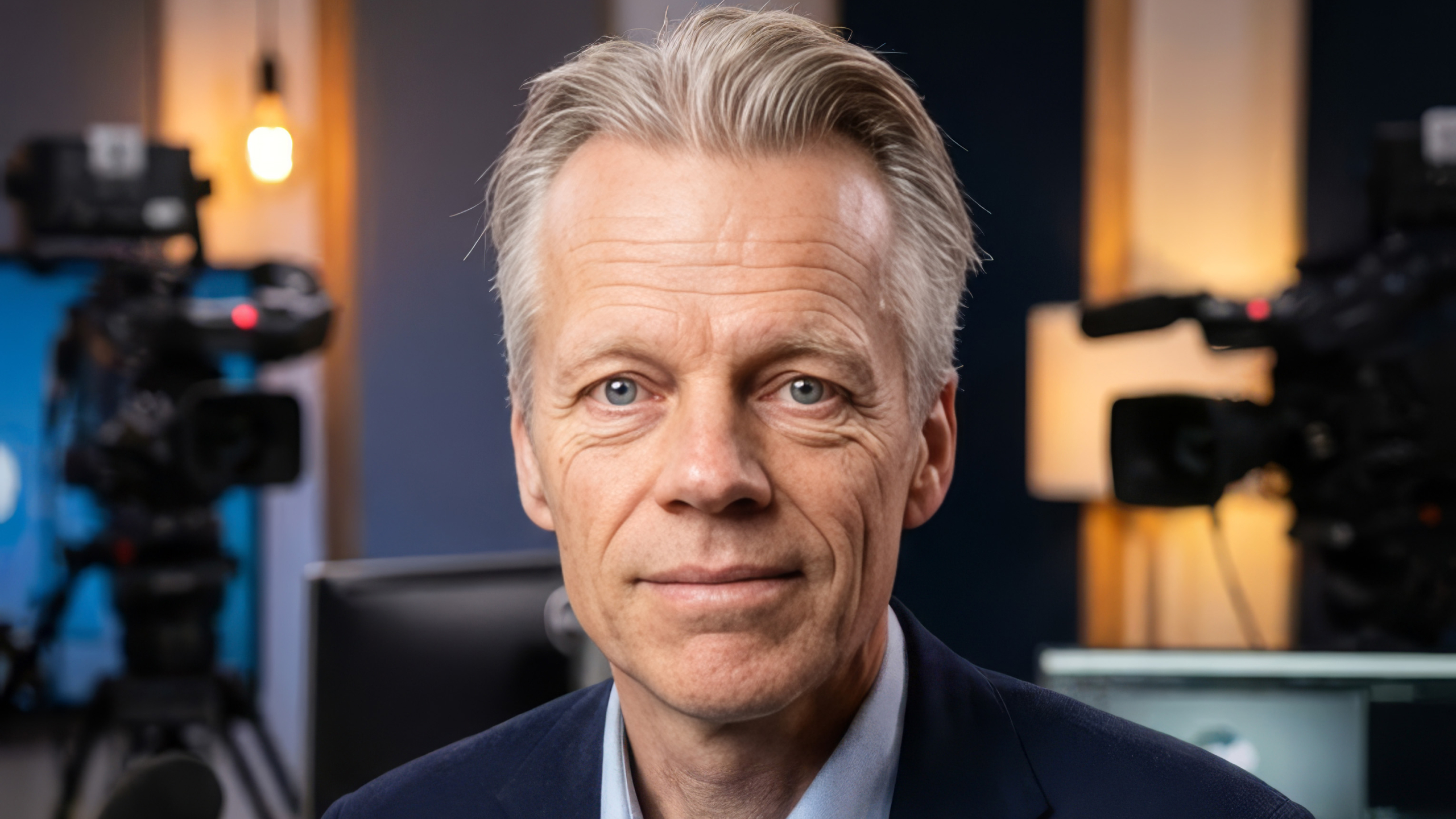 Portret van een man met grijs haar in een studio-omgeving, met onscherpe camera’s en warme lampen op de achtergrond