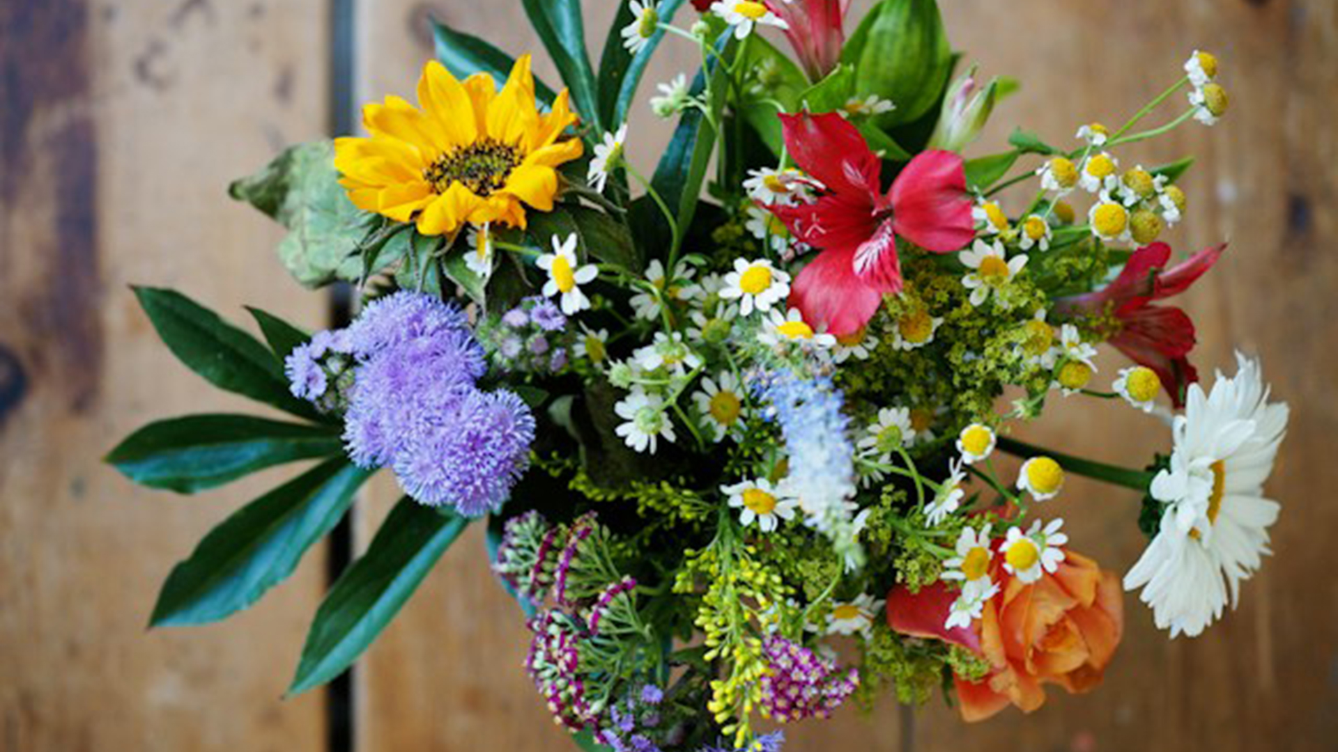 Kleurrijk boeket met zonnebloem, madeliefjes, paarse pomponbloemen, rode lelie en oranje roos op houten achtergrond