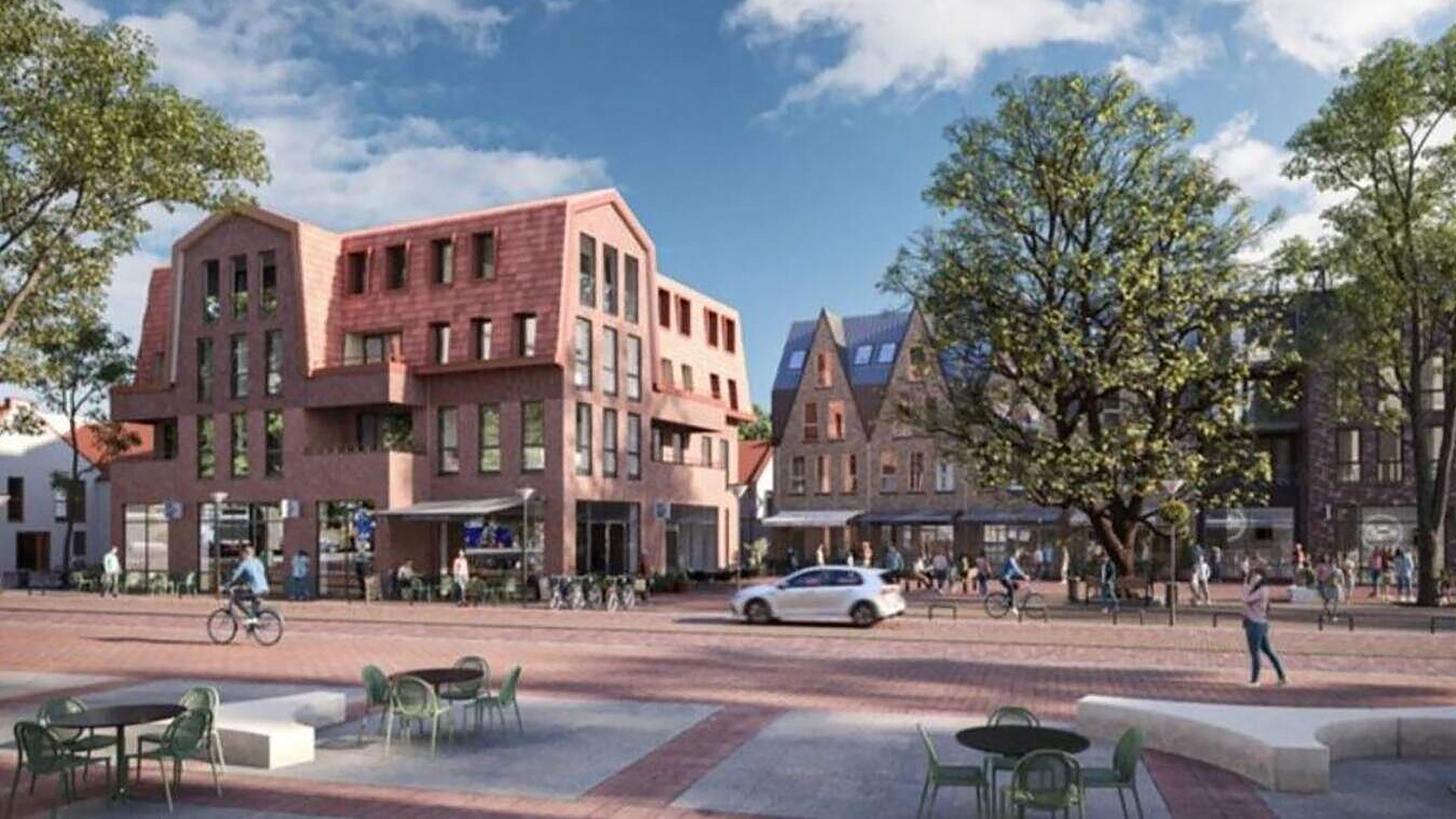 Artist impression van modern bakstenen gebouw aan een plein met fietsers, auto en terrasstoelen tussen bomen