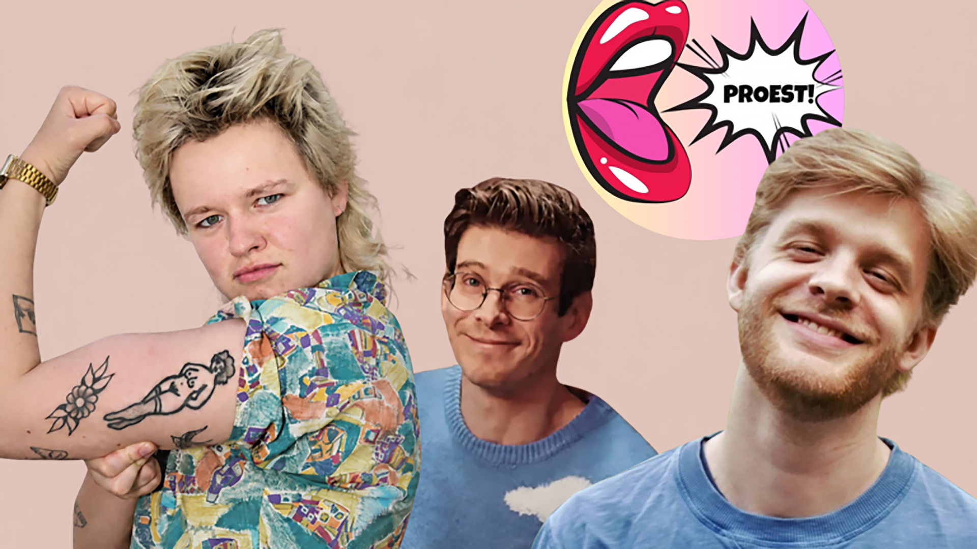 Collage van drie mannen, waaronder een met opgestroopte mouw en tattoos, met stripmond en tekst PROEST!