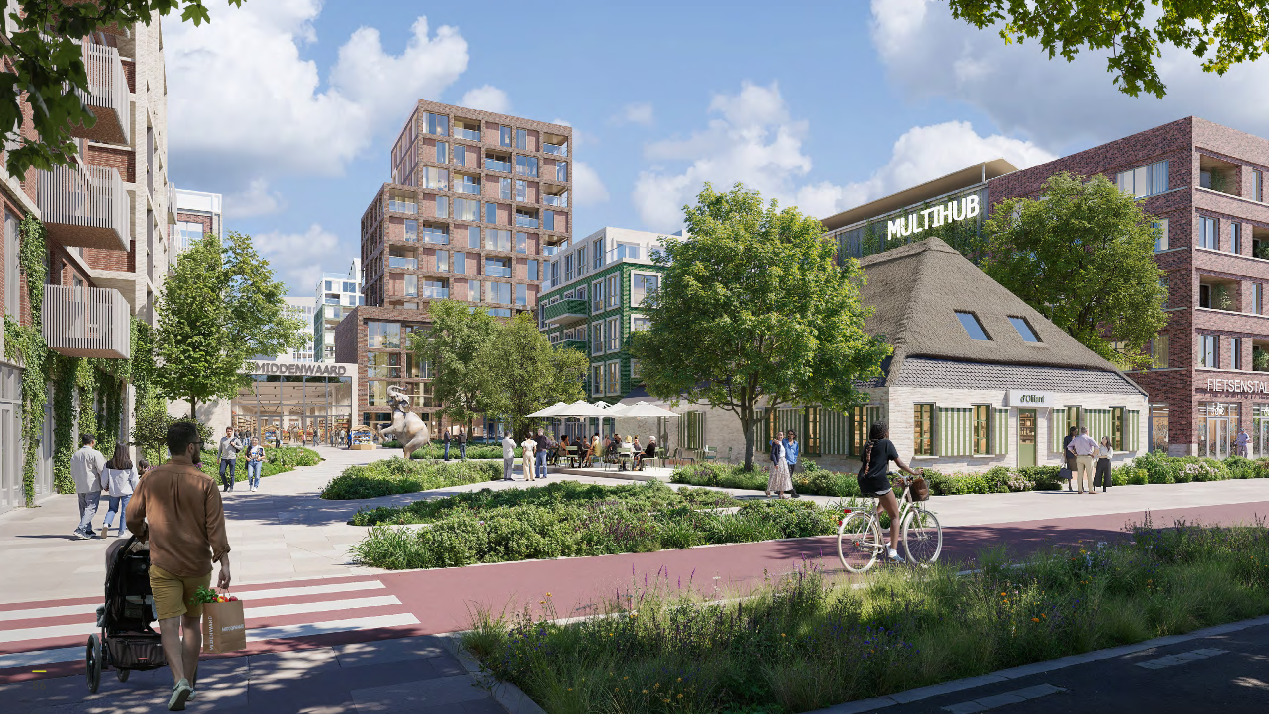 Stadsplein met groen, fietsers en terras bij rietgedekt gebouw, met moderne hoogbouw en de tekst MULTIHUB op de achtergrond
