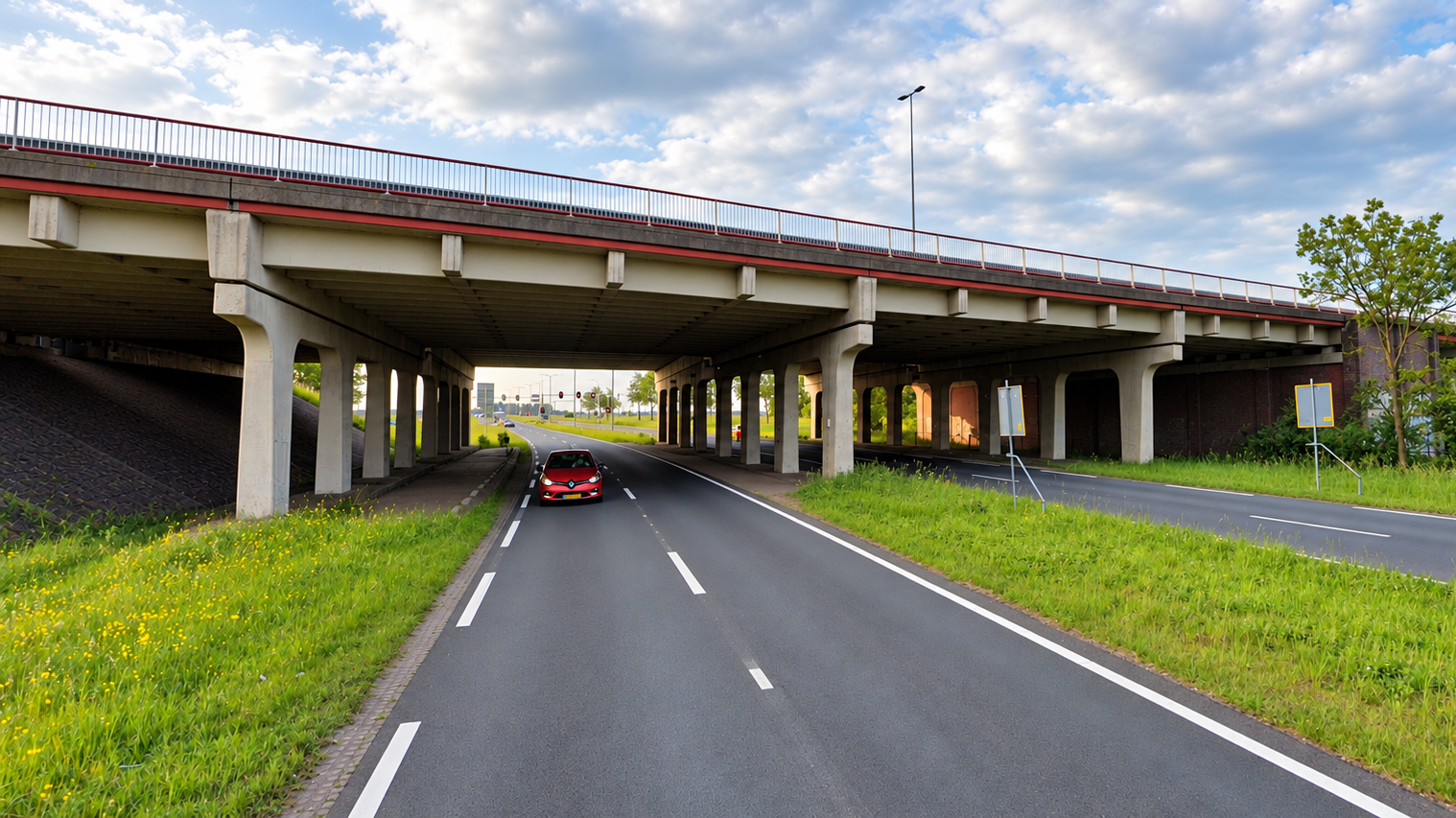 Rode auto rijdt over een lege weg onder een betonnen viaduct, met groene bermen en bewolkte lucht
