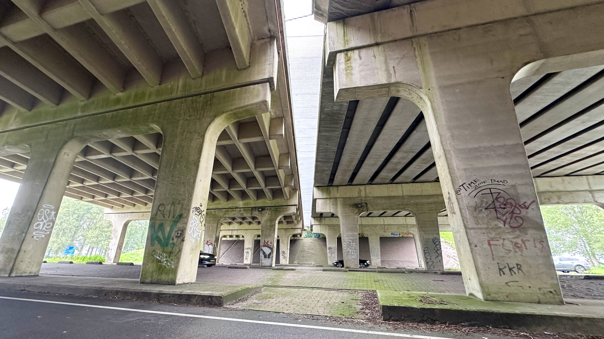 Onderkant van een betonnen viaduct met grote pijlers en graffiti, gezien vanaf de weg met groen op de achtergrond