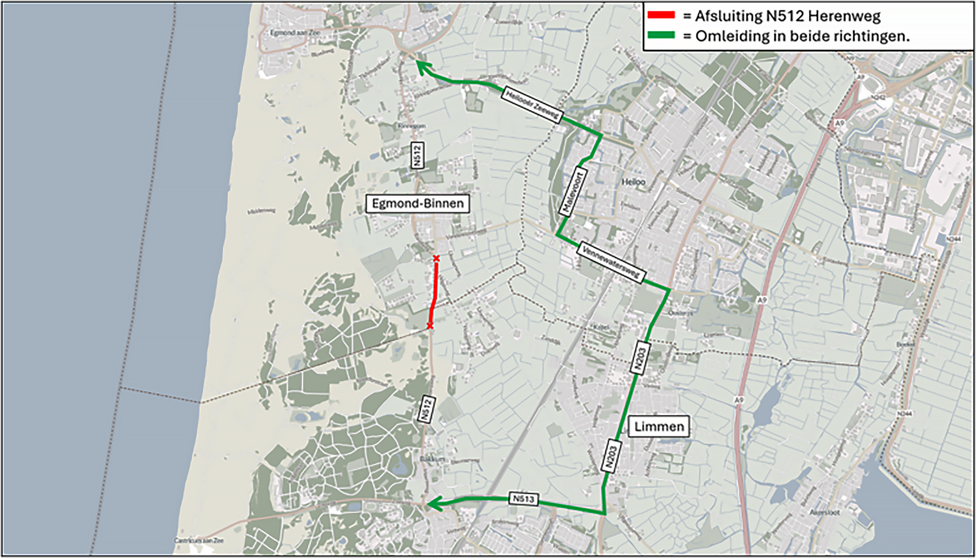 Kaart met afsluiting N512 Herenweg (rood) en omleidingsroute in beide richtingen (groen) bij Egmond-Binnen en Limmen