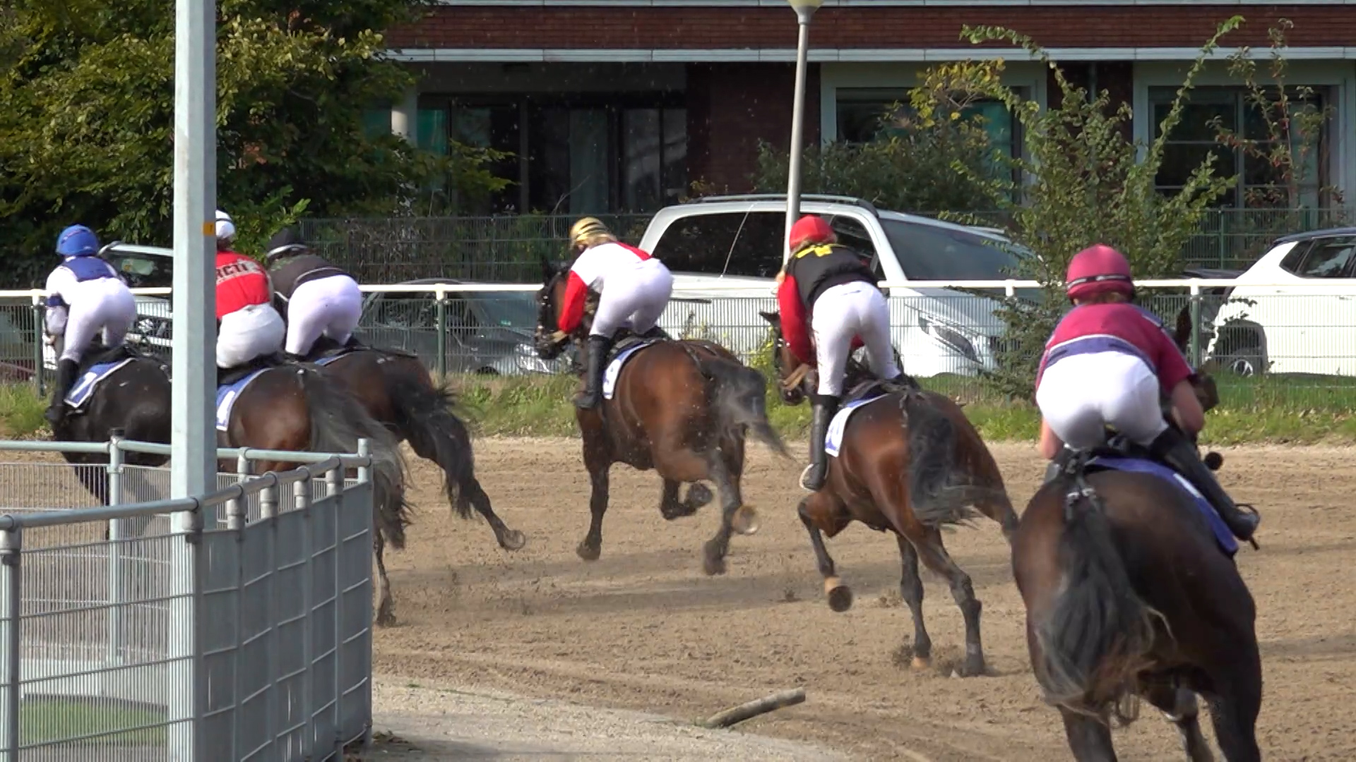 Jockeys in kleurrijke outfits rijden op galopperende paarden tijdens een race op een zandbaan, gezien van achteren