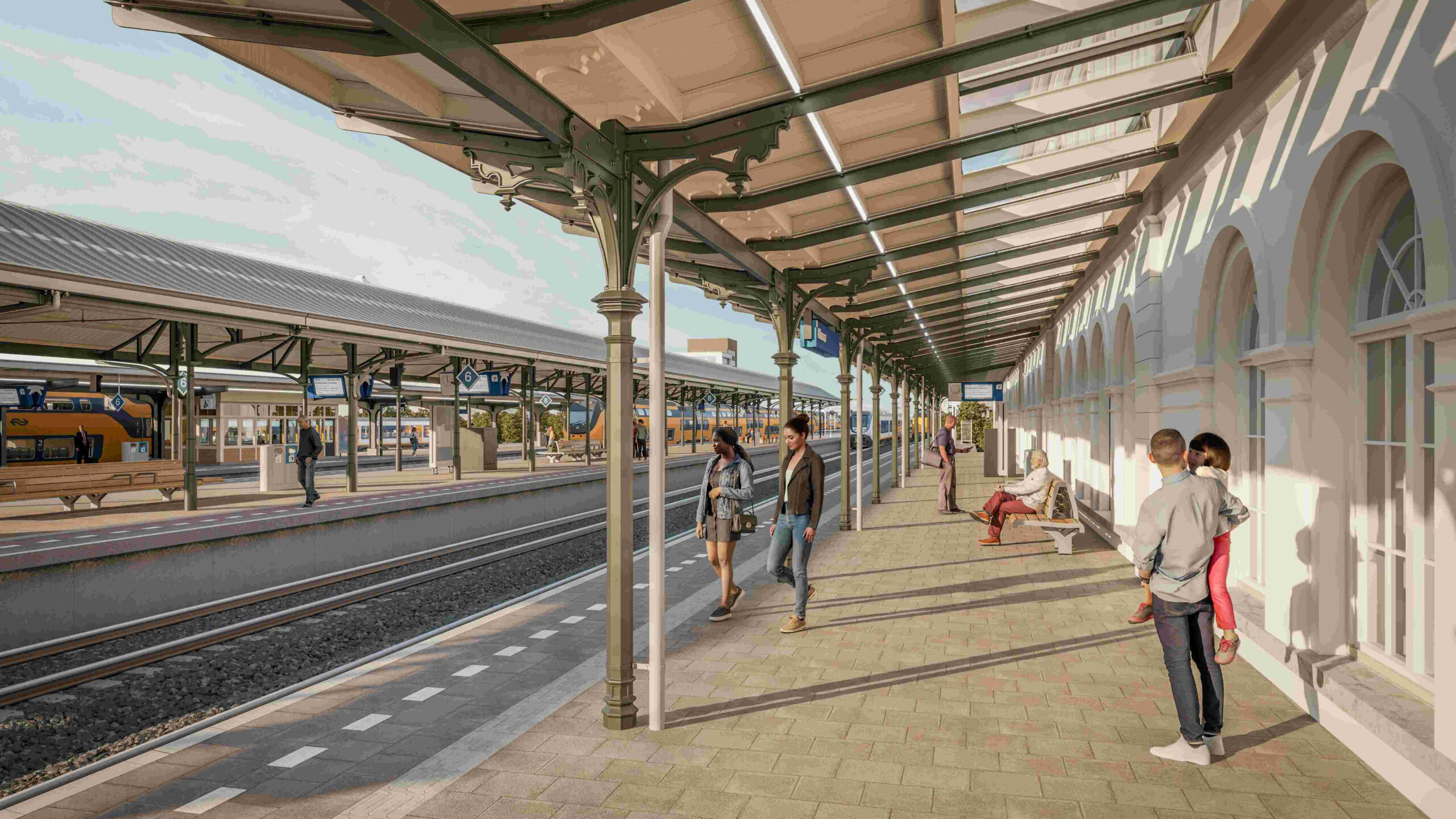 Perron van een treinstation met overkapping, wachtende reizigers en gele NS-treinen; bordjes tonen spoor 6
