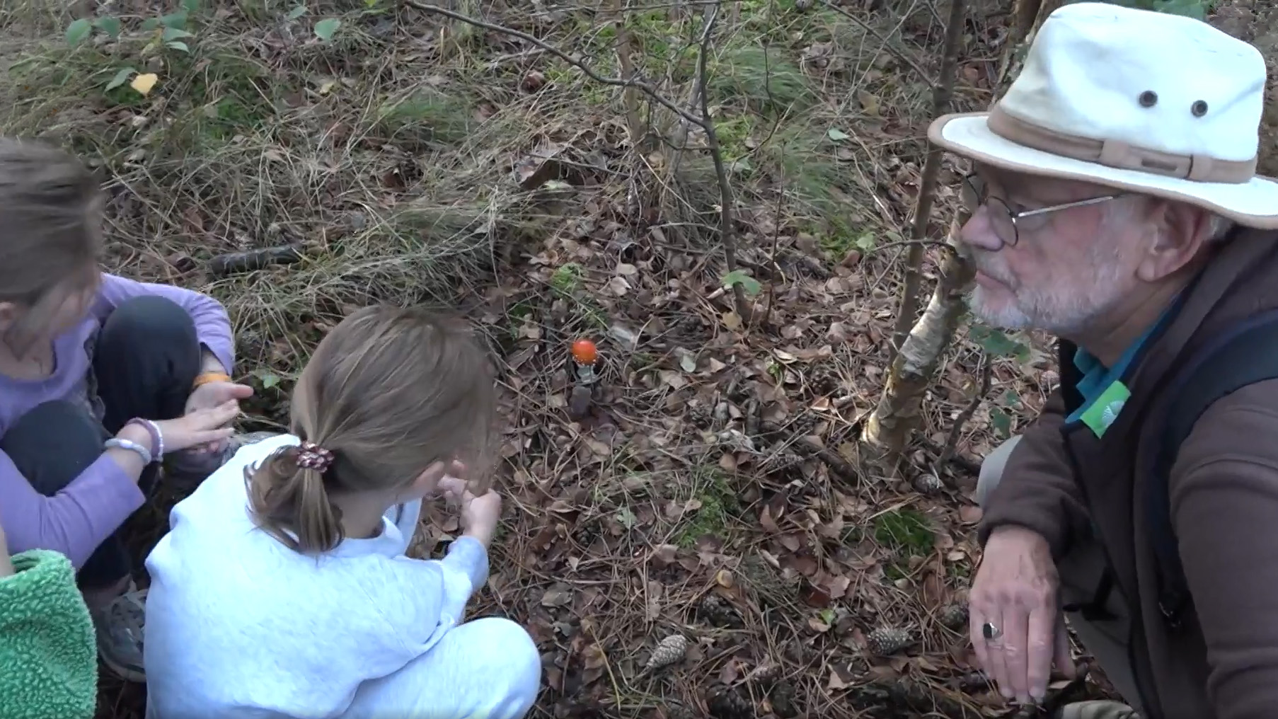 Man met hoed en twee kinderen hurken in het bos en bekijken samen een kleine paddenstoel op de grond