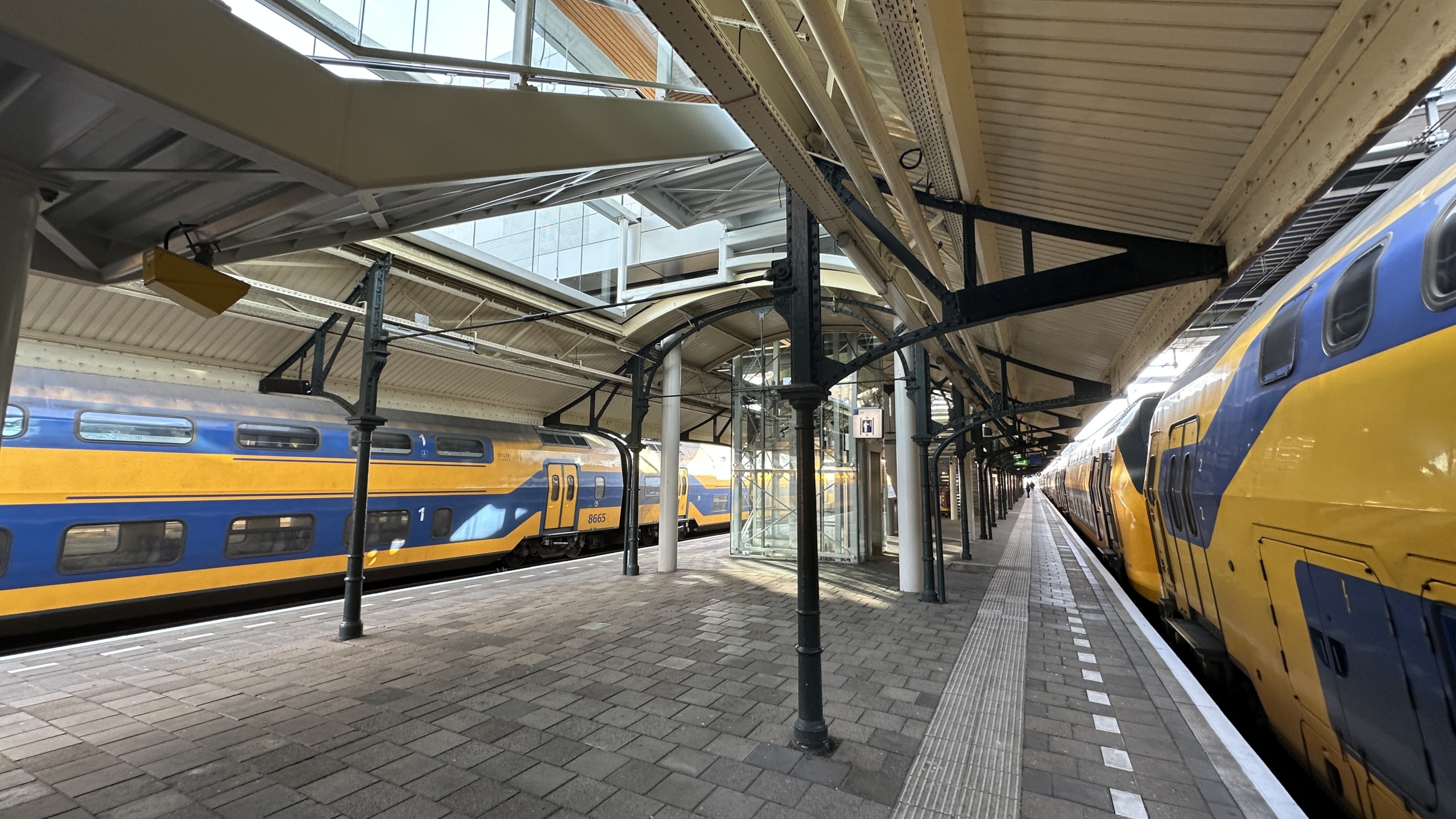 Perroons met twee geel-blauwe dubbeldekkertreinen onder een overkapping met stalen kolommen en glazen dak