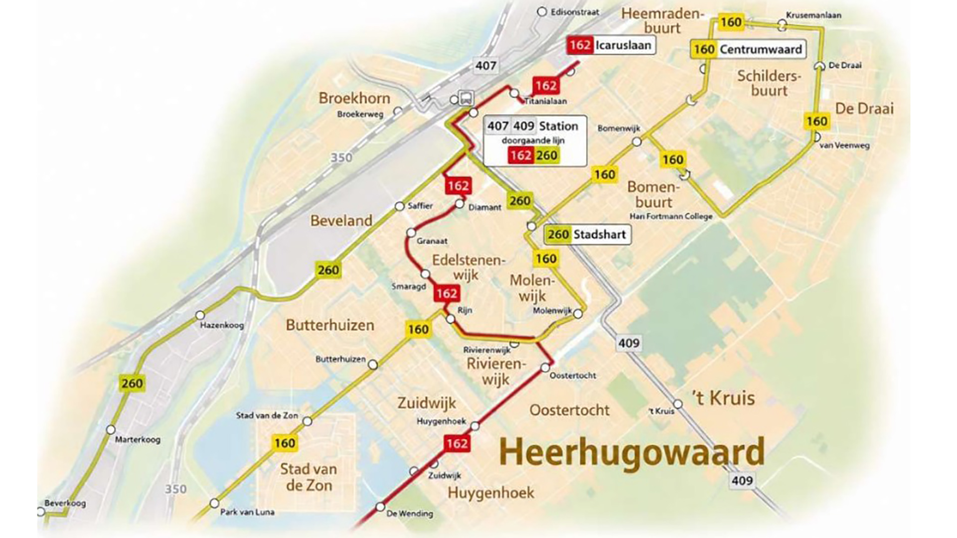 Kaart van Heerhugowaard met buslijnen 160, 162 en 260 en haltes in o.a. Stadshart, Station en De Draai